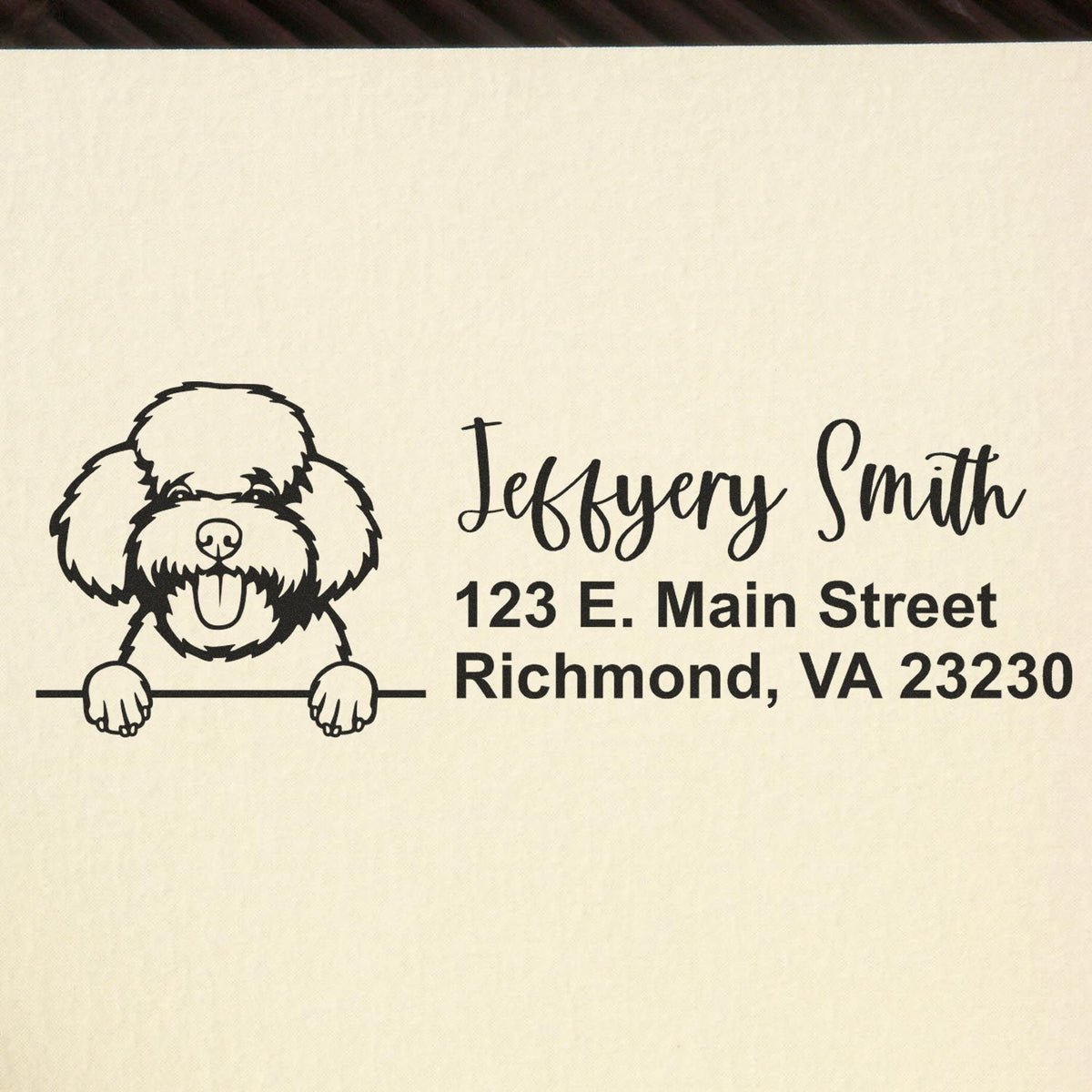 Custom rubber return address stamp for Jeffery Smith, with poodle illustration and Richmond, VA address.