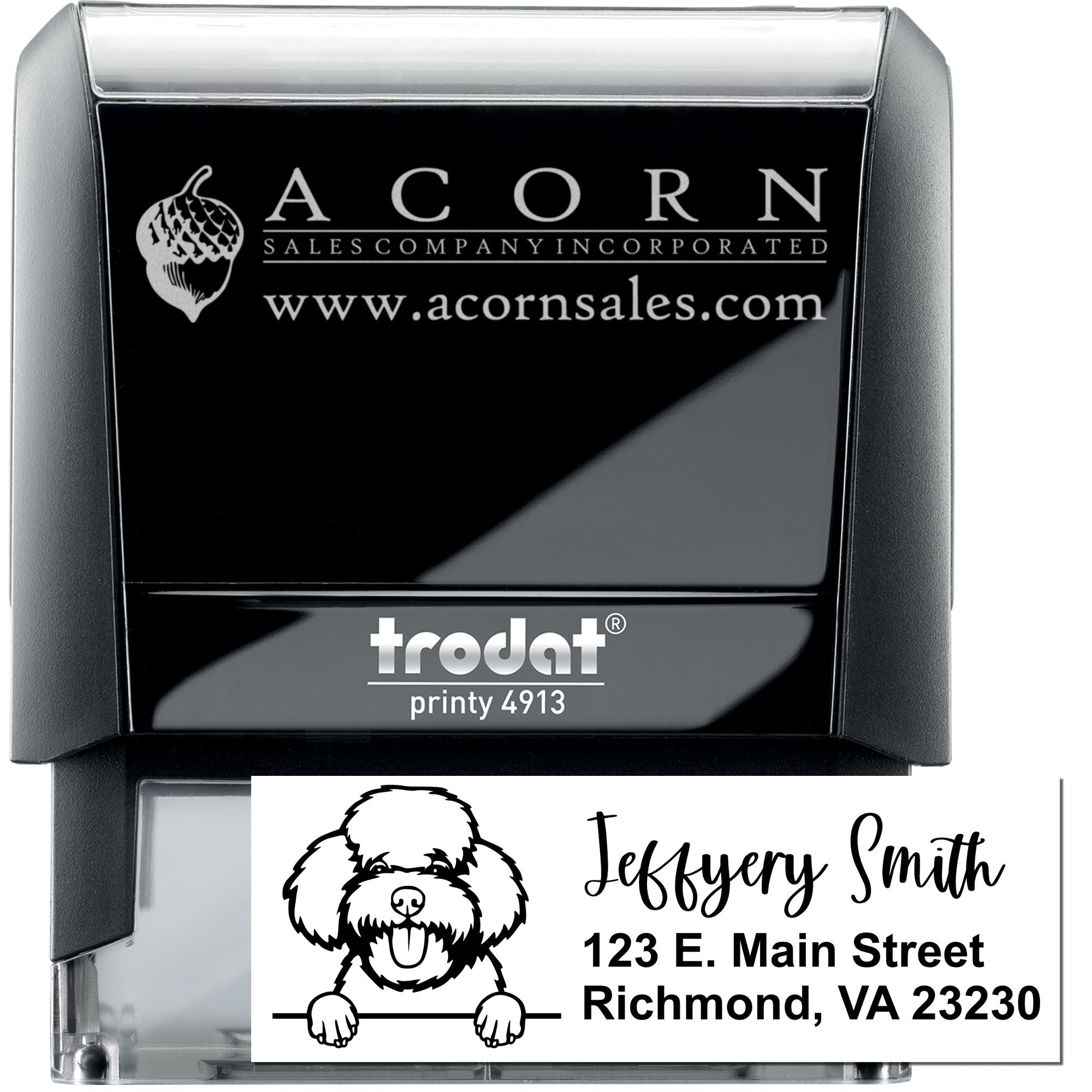 Custom self-inking rubber stamp with logo, name, and address for business branding, Trodat Printy 4913.