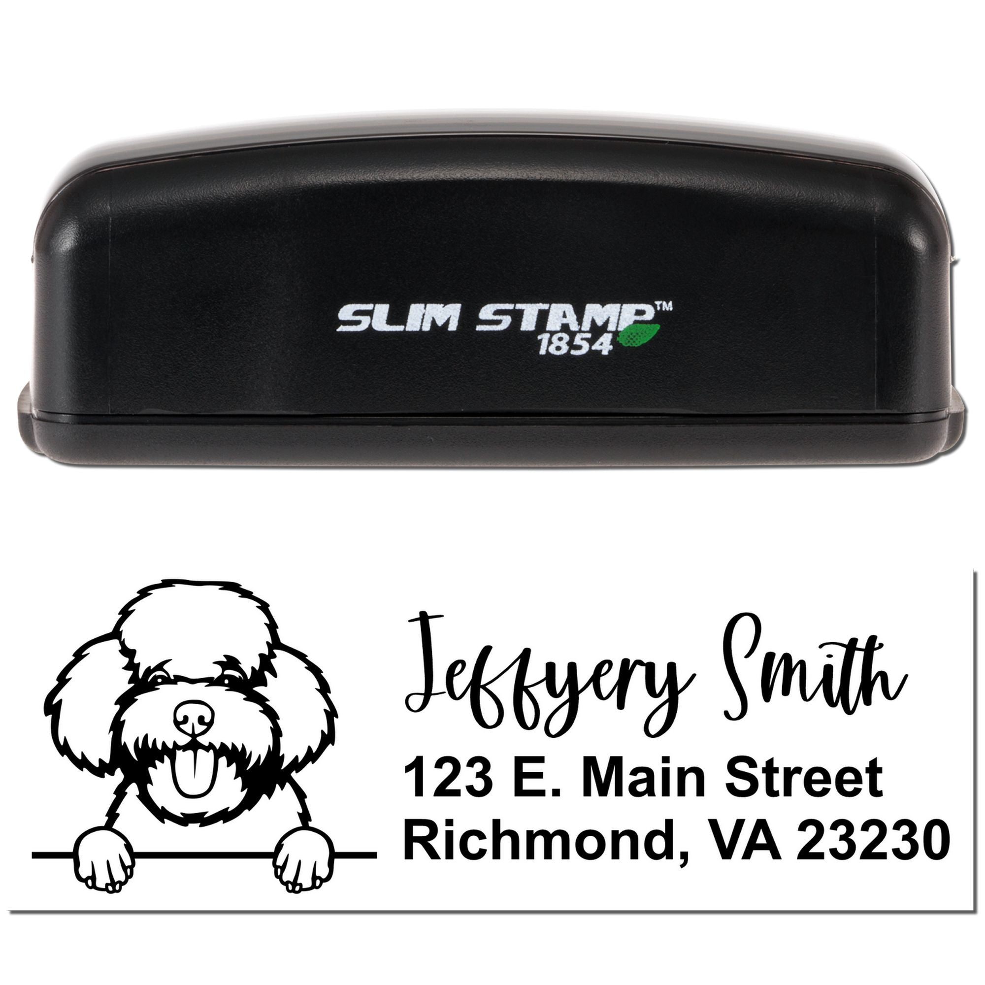 Custom self-inking rubber address stamp with dog logo, name, and mailing address, Slim Stamp 1854