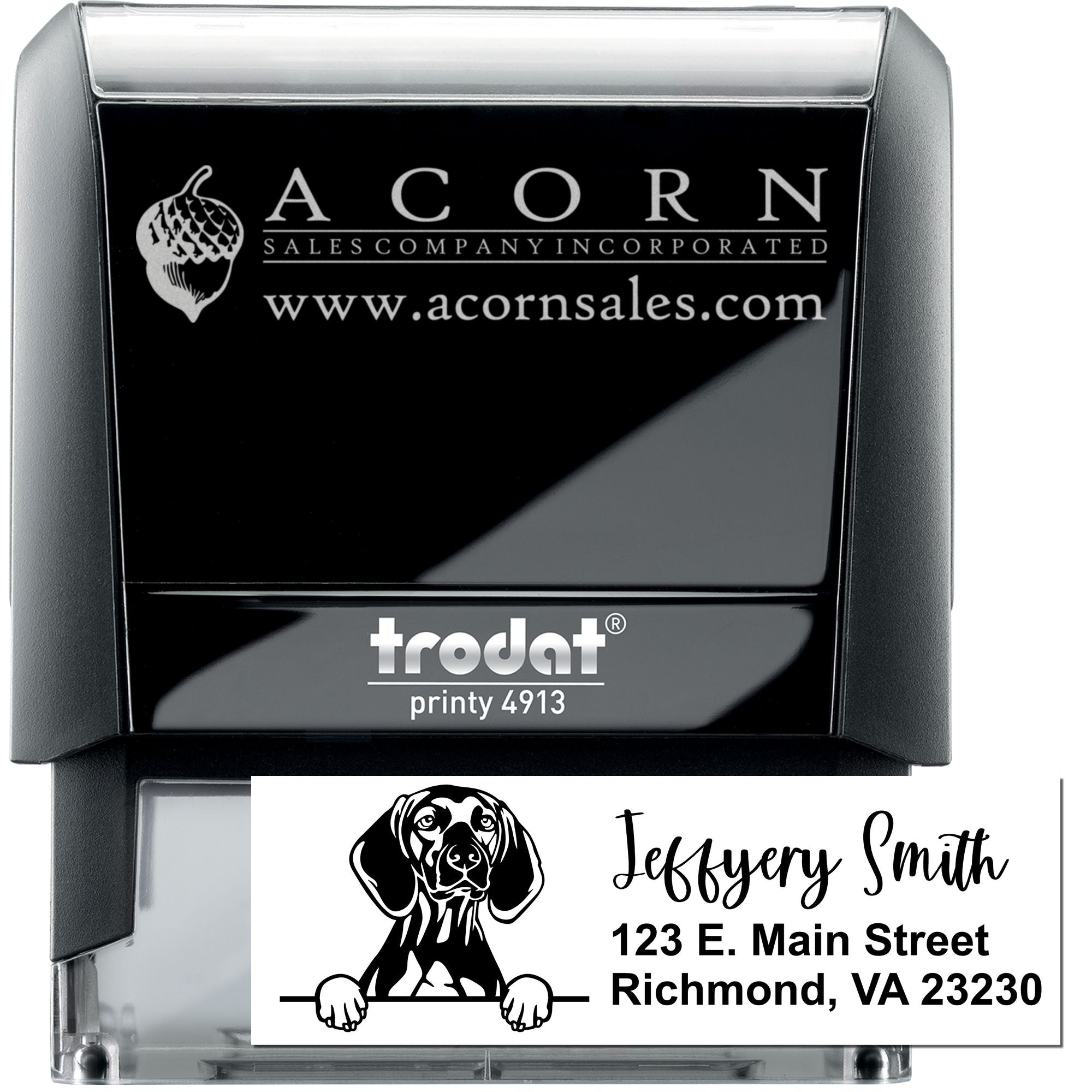 Trodat Printy 4913 self-inking rubber stamp with custom logo and address imprint for business mailing and branding