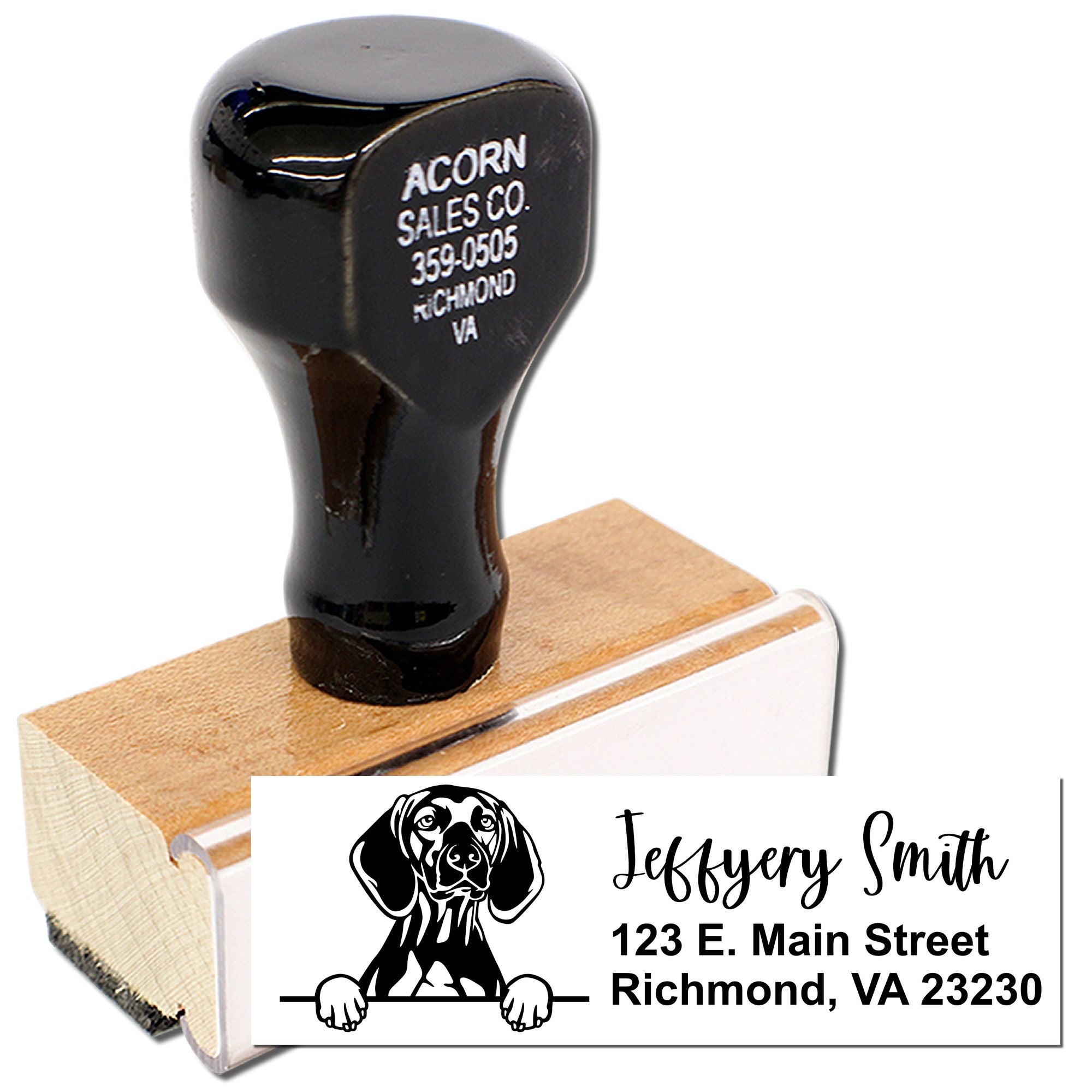 Custom rubber address stamp with dog logo for Jeffery Smith, Richmond VA, ideal for personalized business mailing.