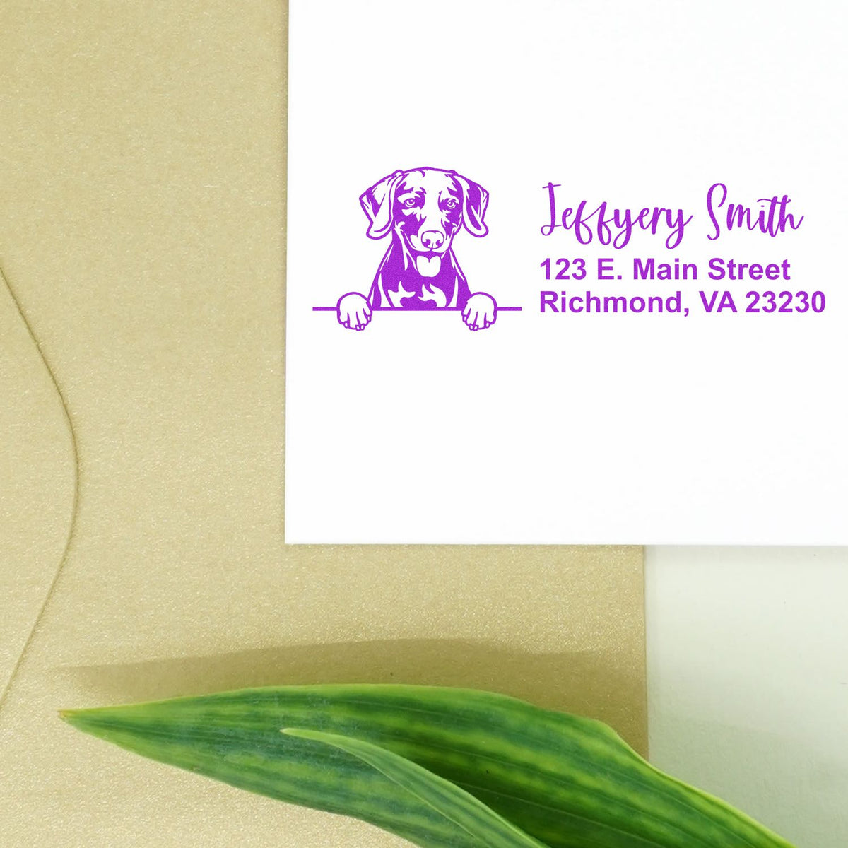 Personalized dog return address rubber stamp with name and Richmond, VA address.