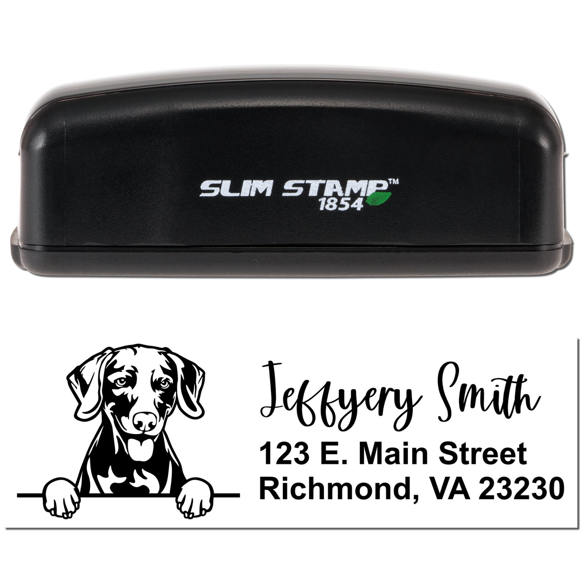 Custom slim self-inking rubber stamp with dog illustration and return address for personalized mailing labels.