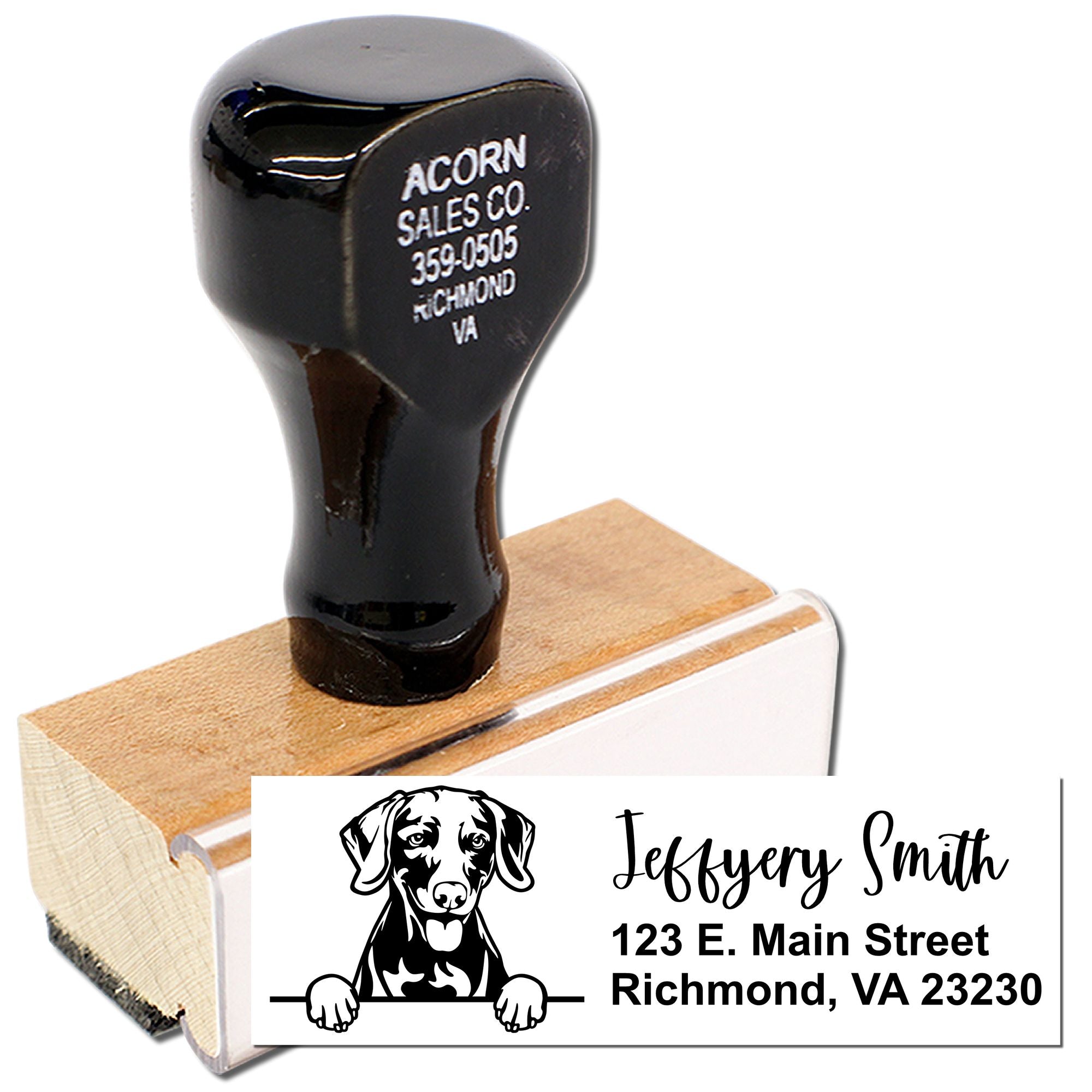 Custom dog address rubber stamp with wooden handle, showing personalized name and Richmond, VA return address imprint.
