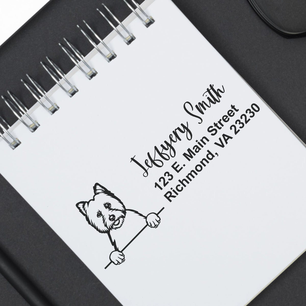 Custom rubber address stamp with dog illustration, personalized for home and business mailing use