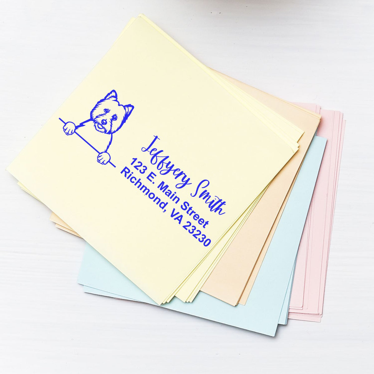 Custom dog address rubber stamp on pastel envelopes for personalized mailing, invitations, and pet lover stationery