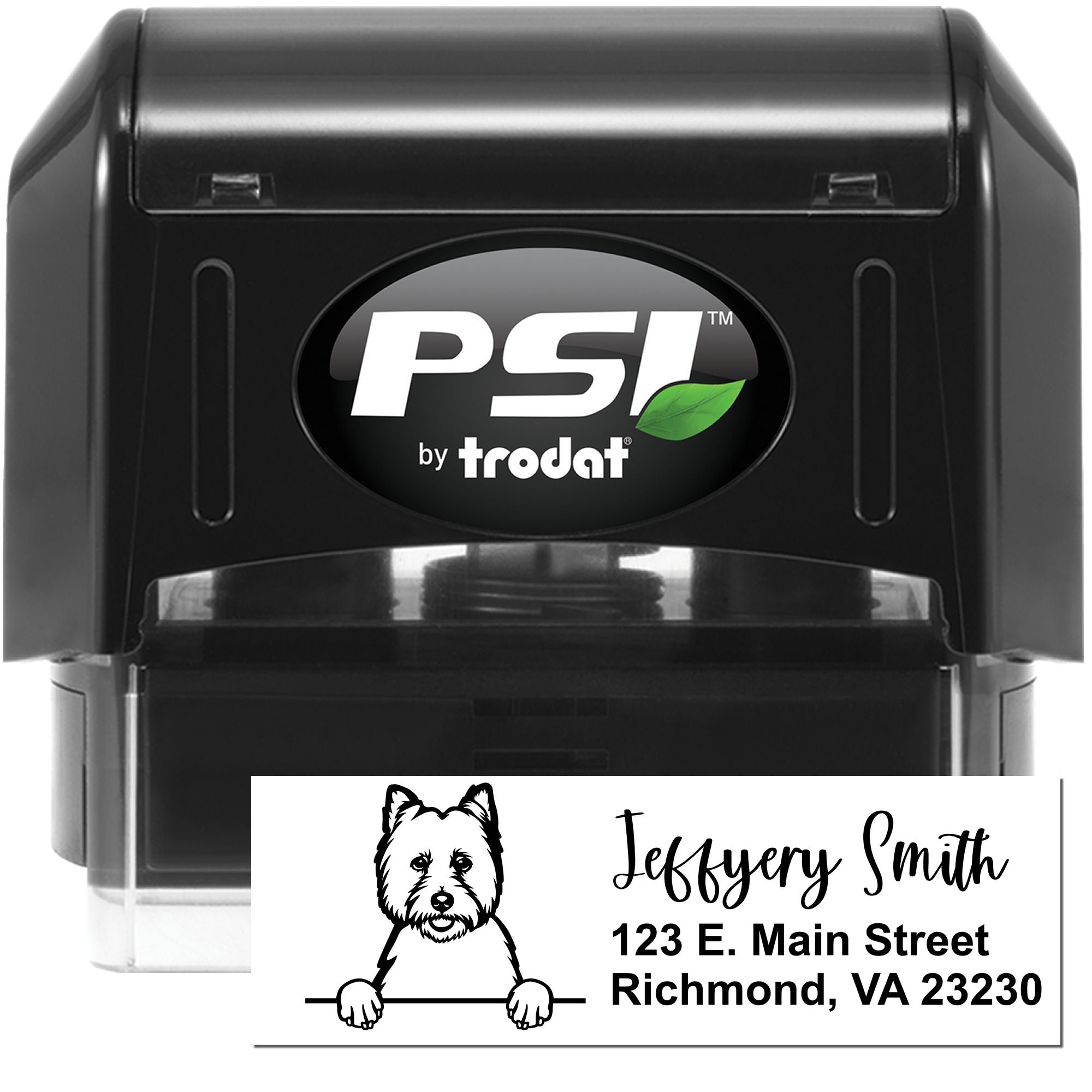 PSI by Trodat self-inking rubber stamp with dog logo and Jeffrey Smith Richmond VA address imprint.