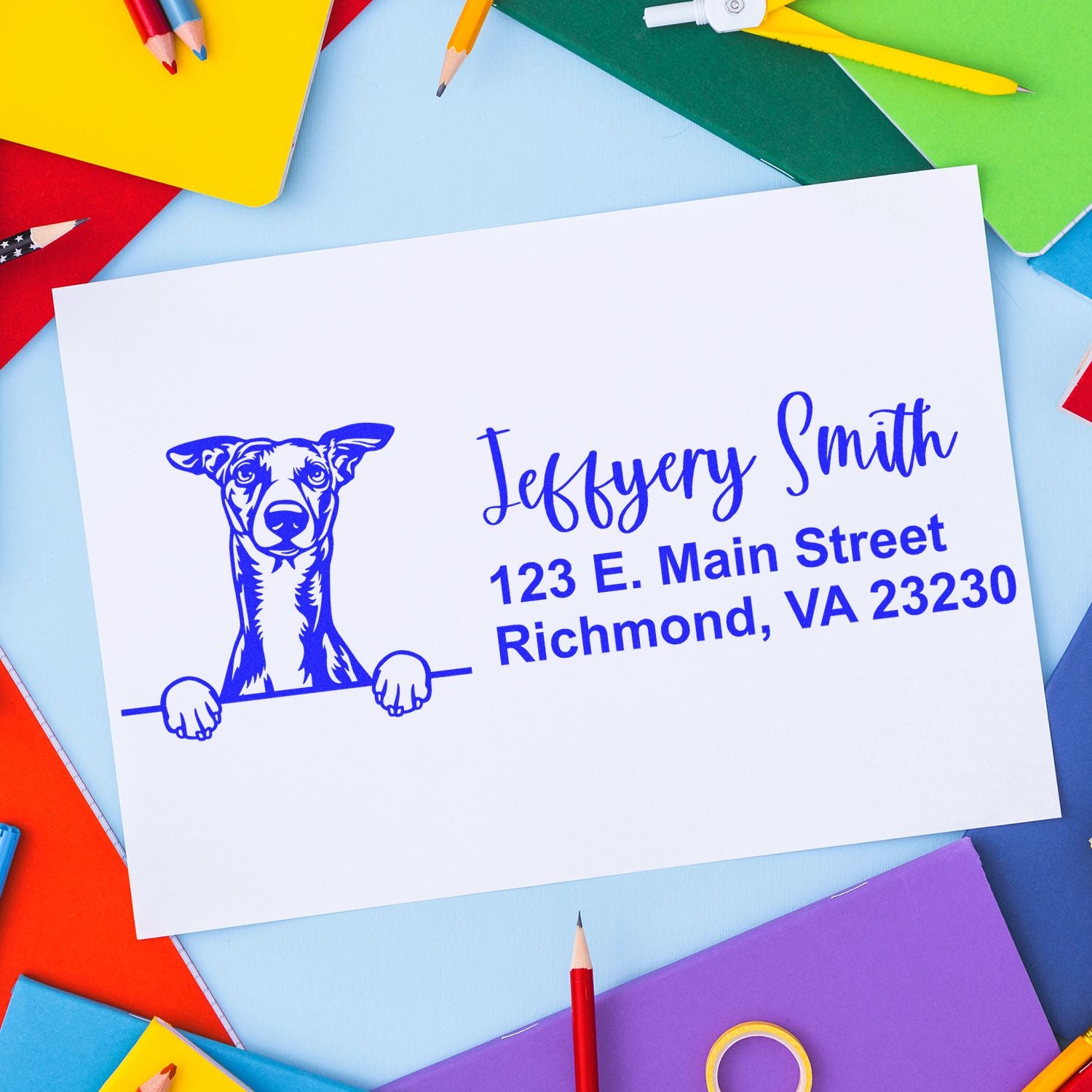 Custom dog return address rubber stamp with name and Richmond, VA address for personalized envelopes and mailing labels