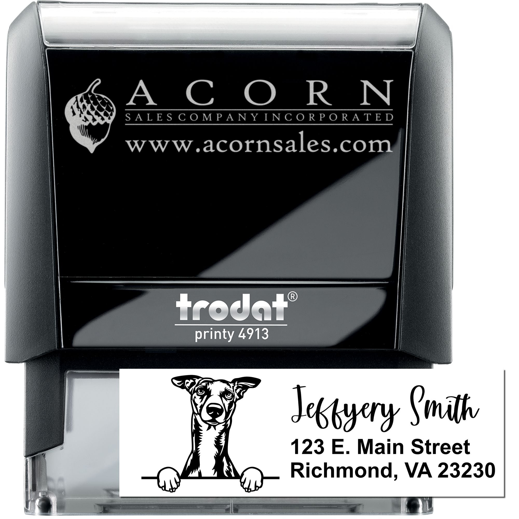 Custom self-inking rubber stamp with logo and address block for business branding, mailing, and office use