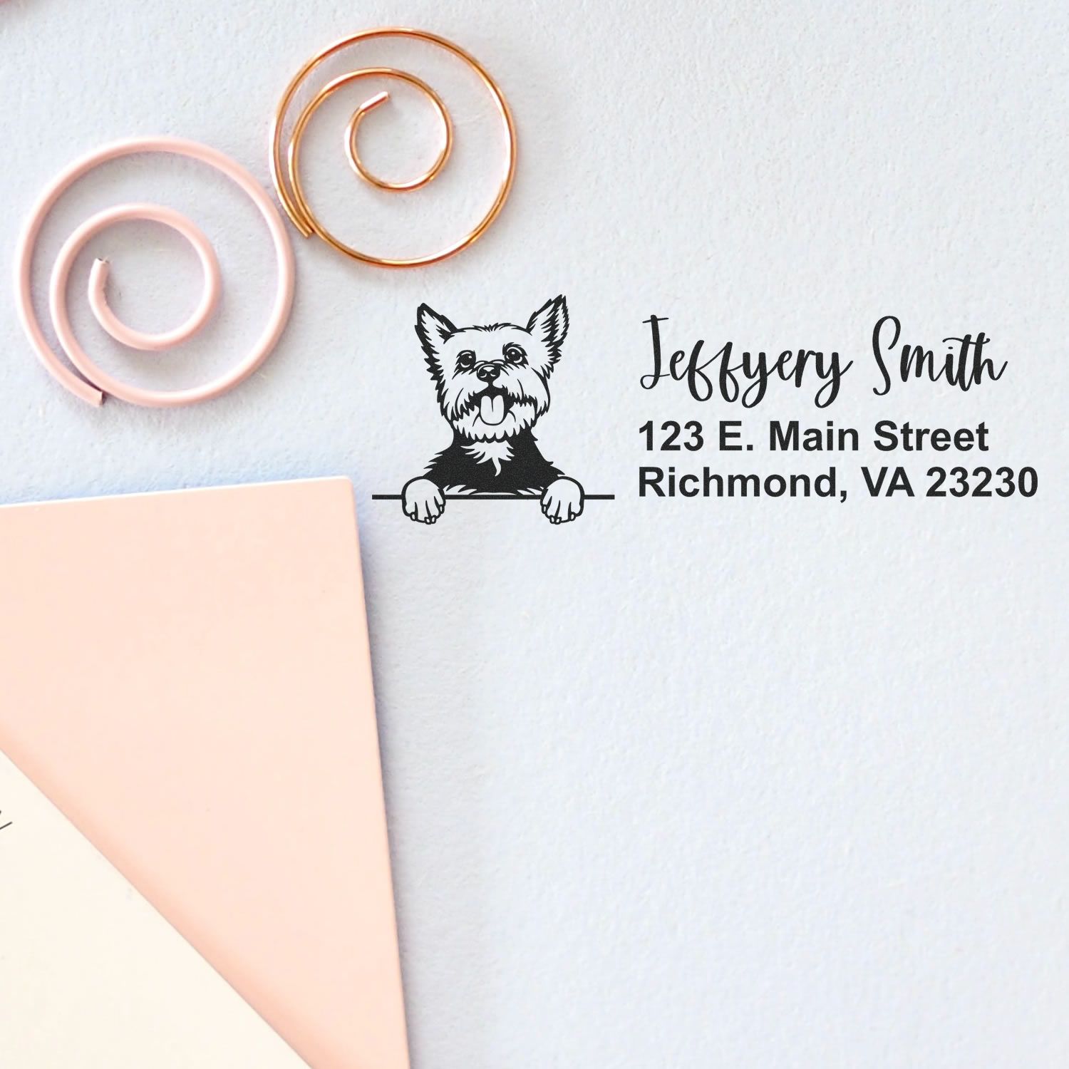 Custom rubber return address stamp with dog logo for Jeffery Smith, Richmond, VA.