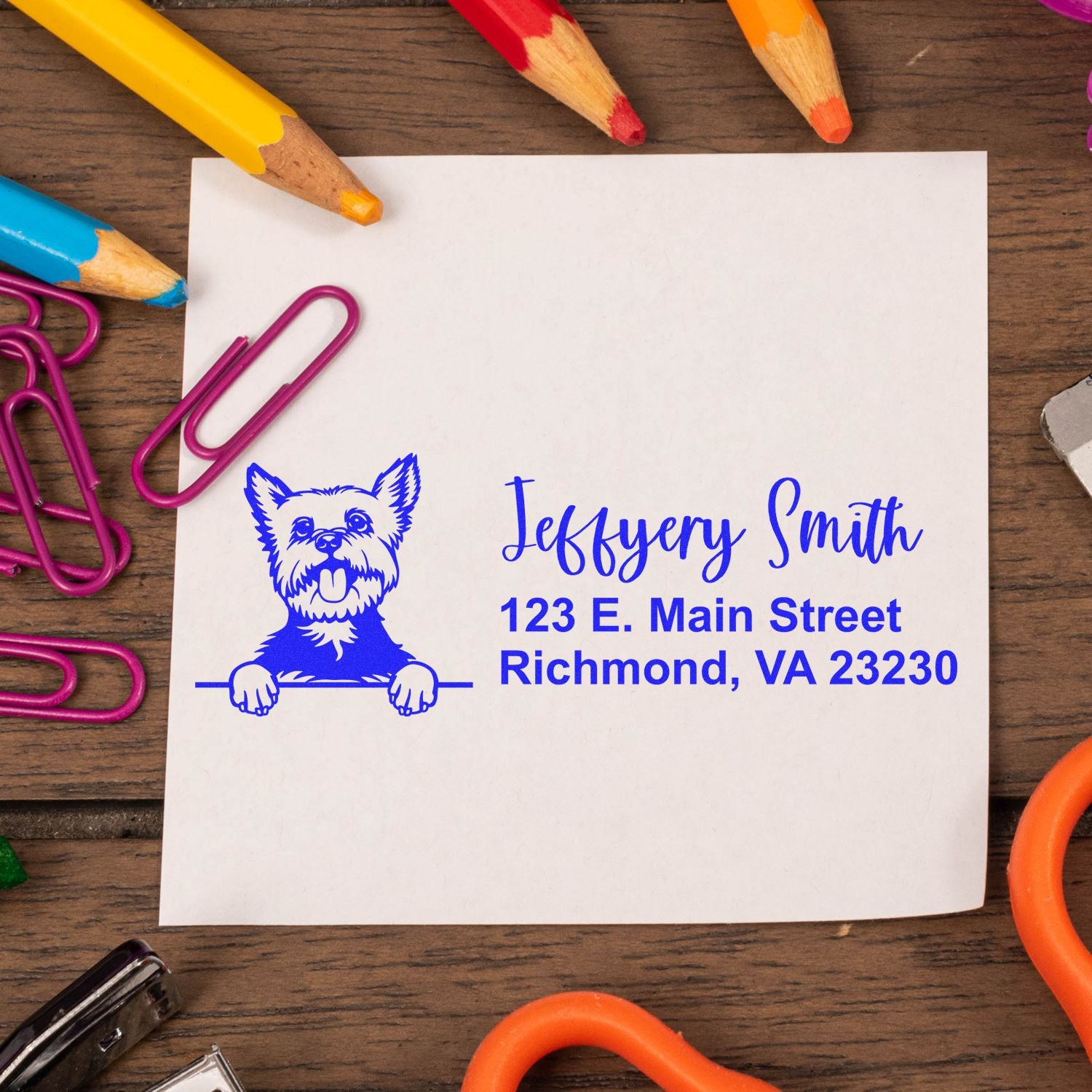 Personalized dog return address rubber stamp for mailing labels, featuring name and Richmond, VA address.