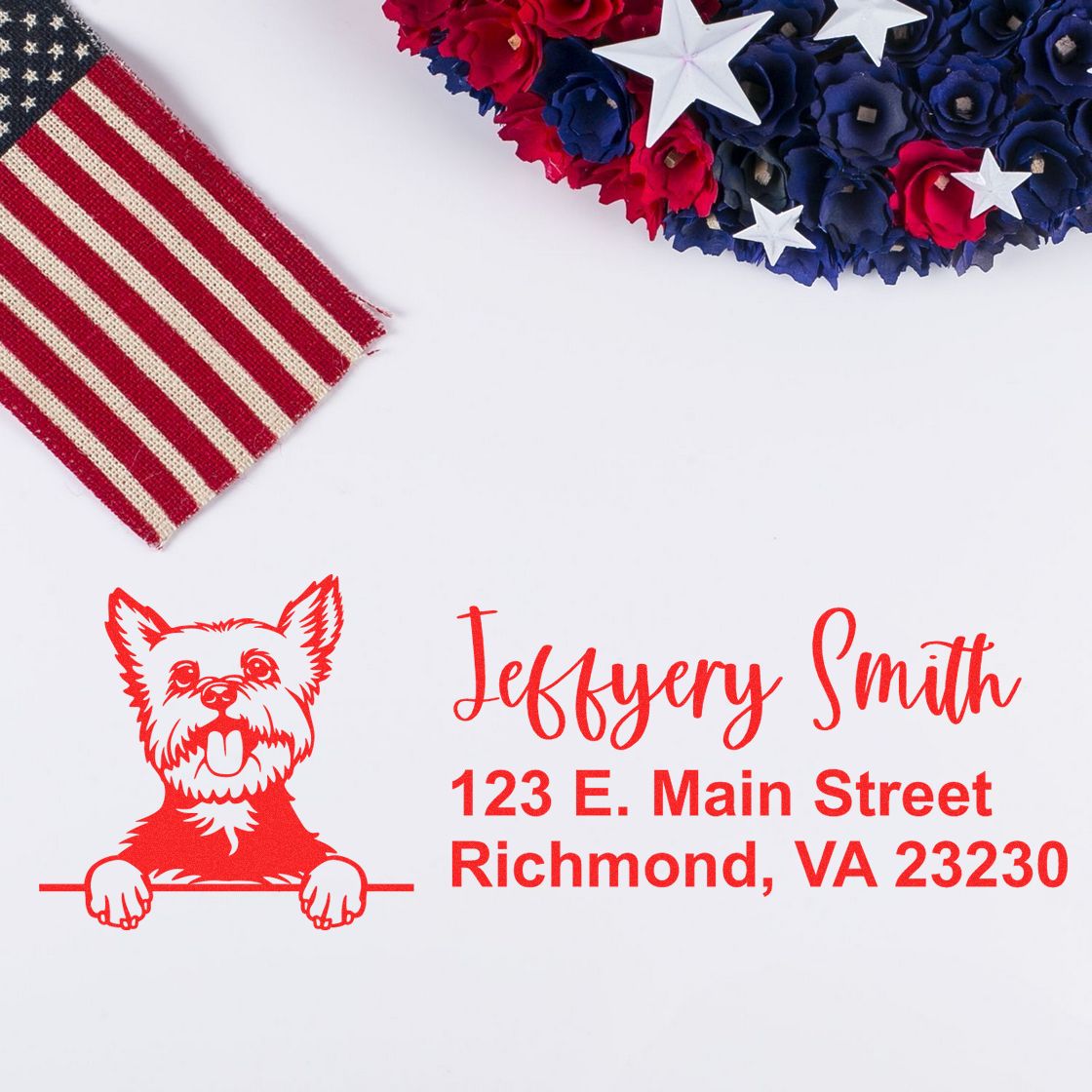 Custom return address rubber stamp with dog logo for Jeffery Smith, 123 E. Main Street, Richmond, VA 23230