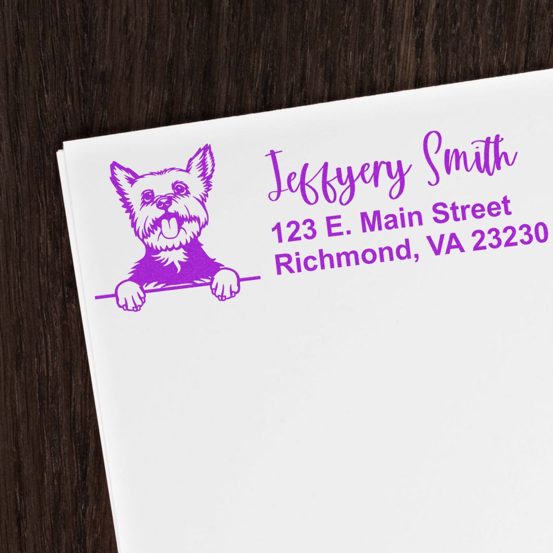 Custom dog return address rubber stamp with personalized name and Richmond, VA address for pet stationery.