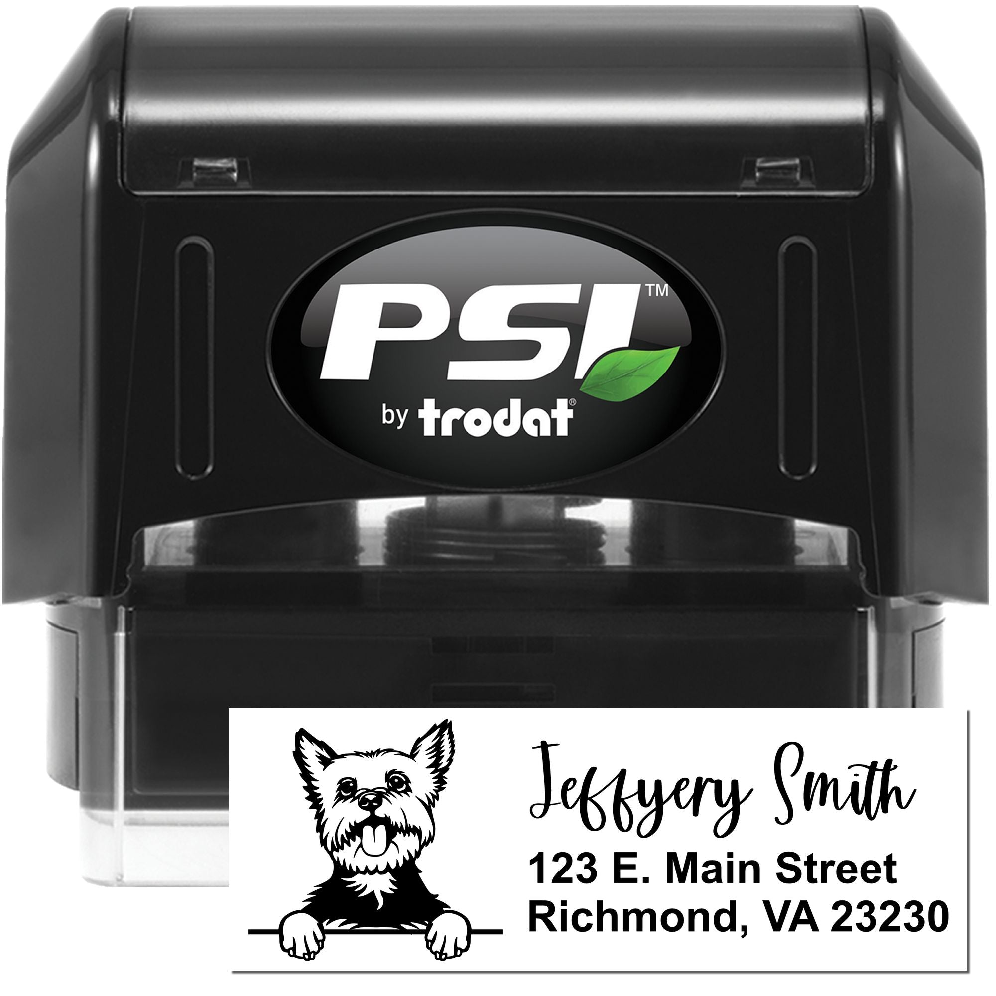 PSI by Trodat self-inking rubber stamp for custom dog address stamps with name, street, and city imprint