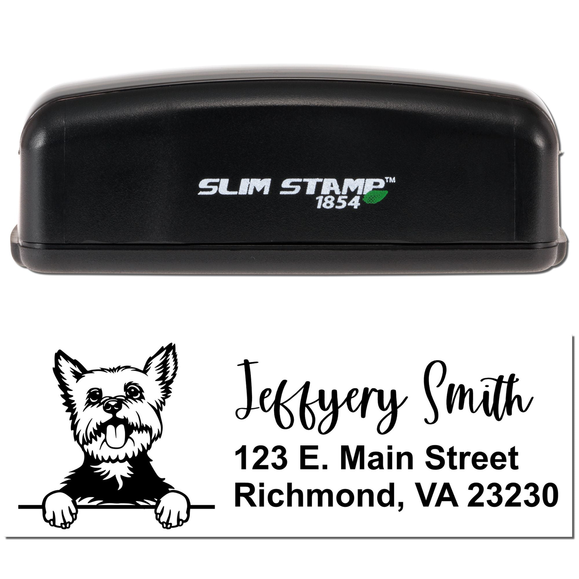Custom self-inking rubber address stamp with dog illustration and Jeffrey Smith Richmond, VA return address design.