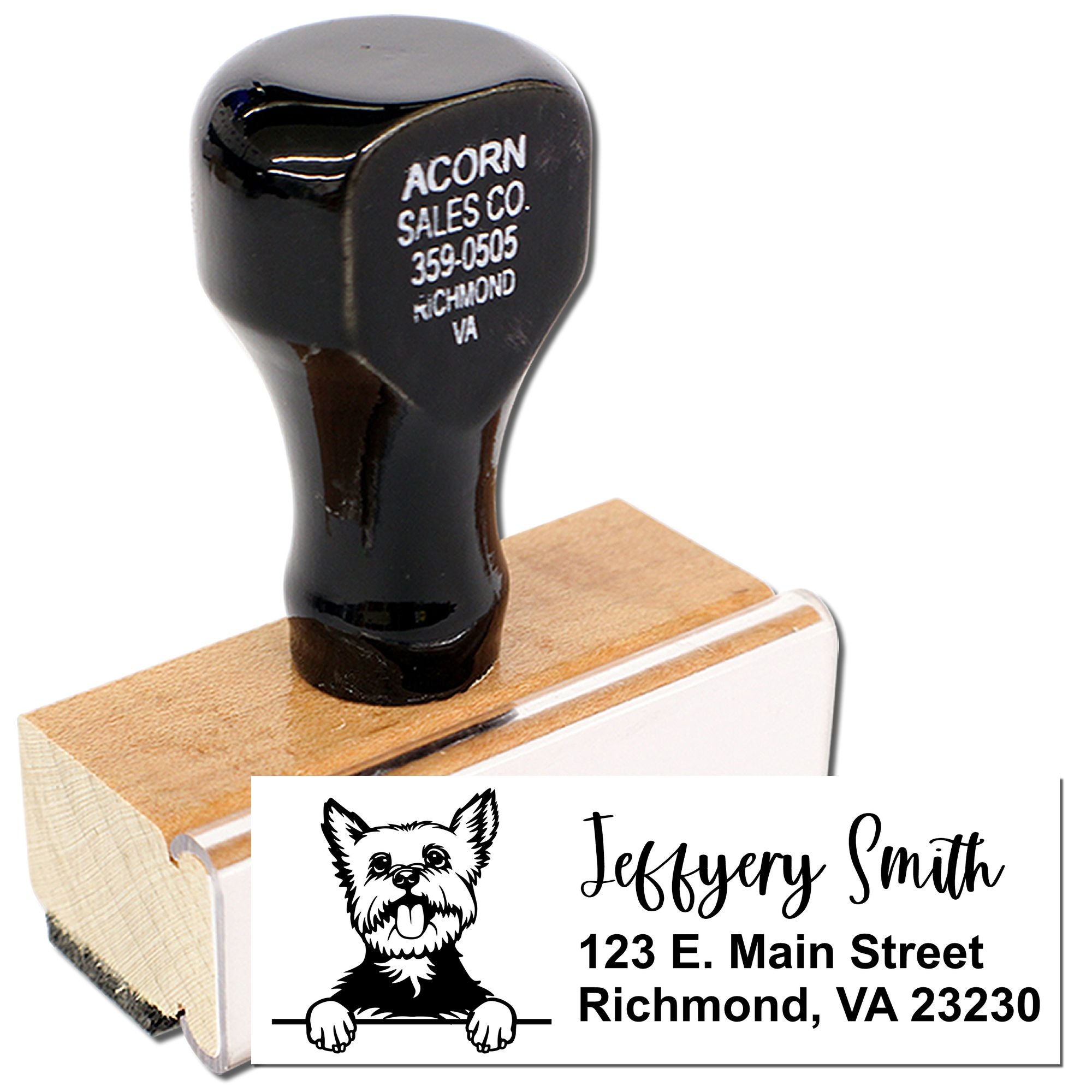 Custom address rubber stamp with dog logo for personalized return mailing and business branding.