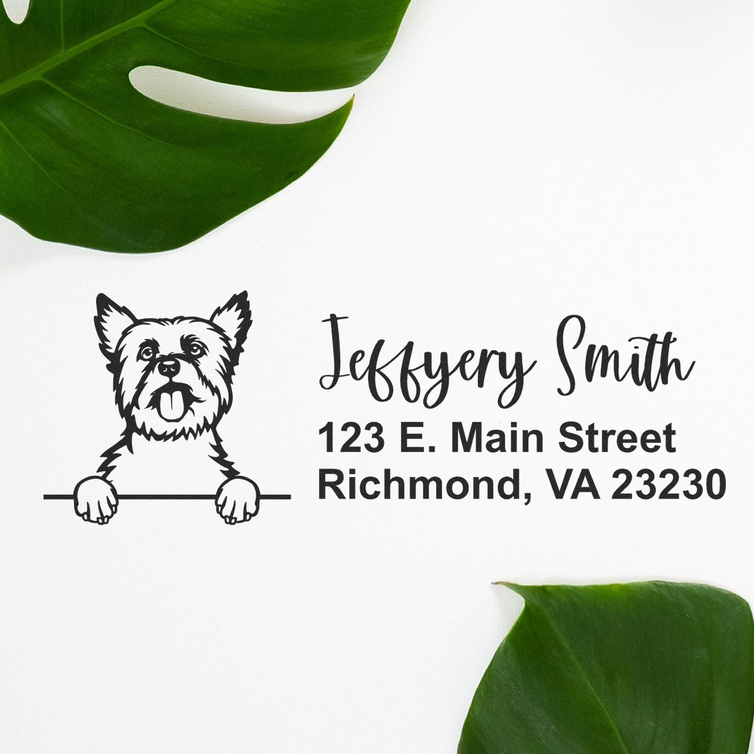 Custom dog address rubber stamp with pet illustration, Jeffrey Smith name, and Richmond, VA return address