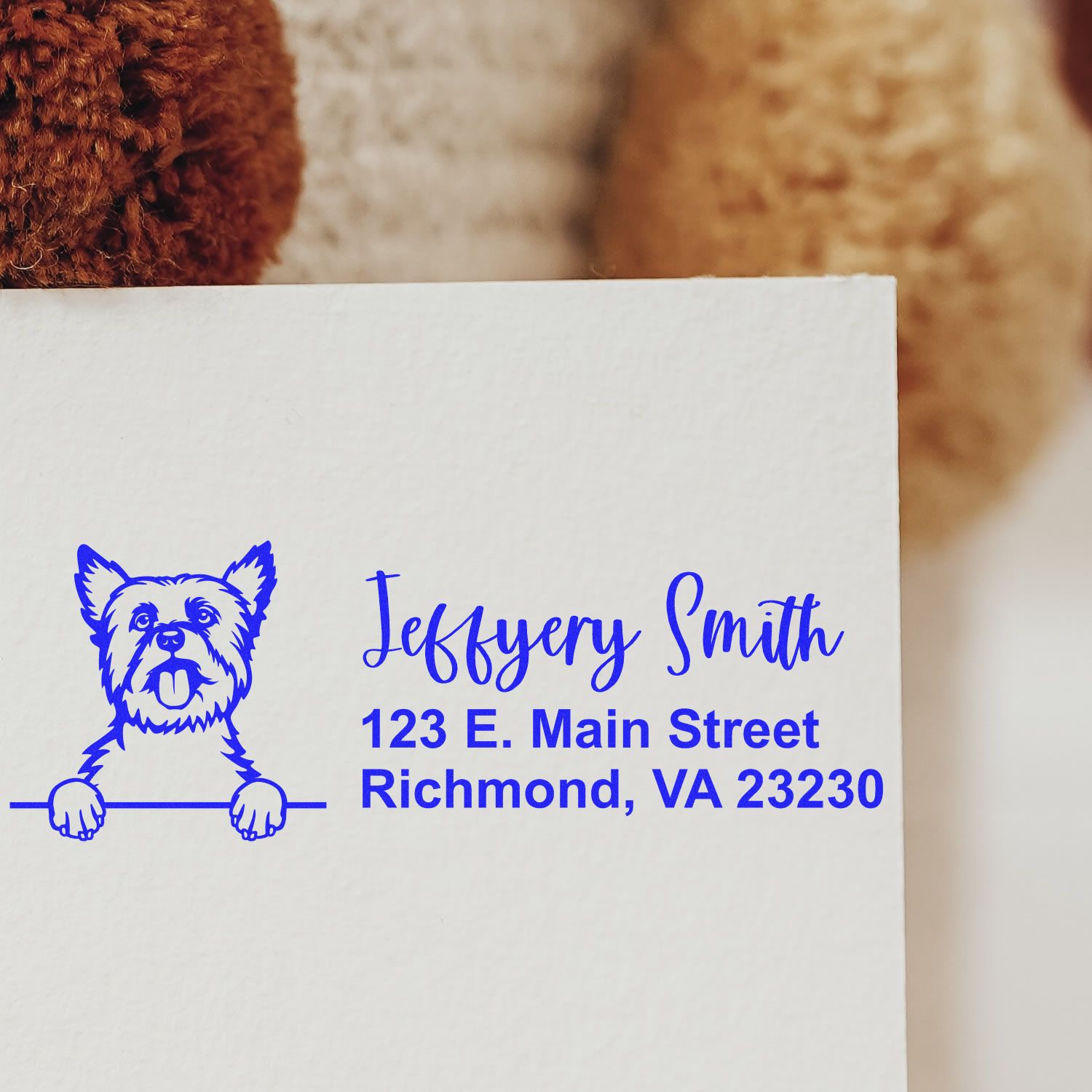Custom rubber address stamp with dog logo, Jeffrey Smith name, and Richmond, VA return address.