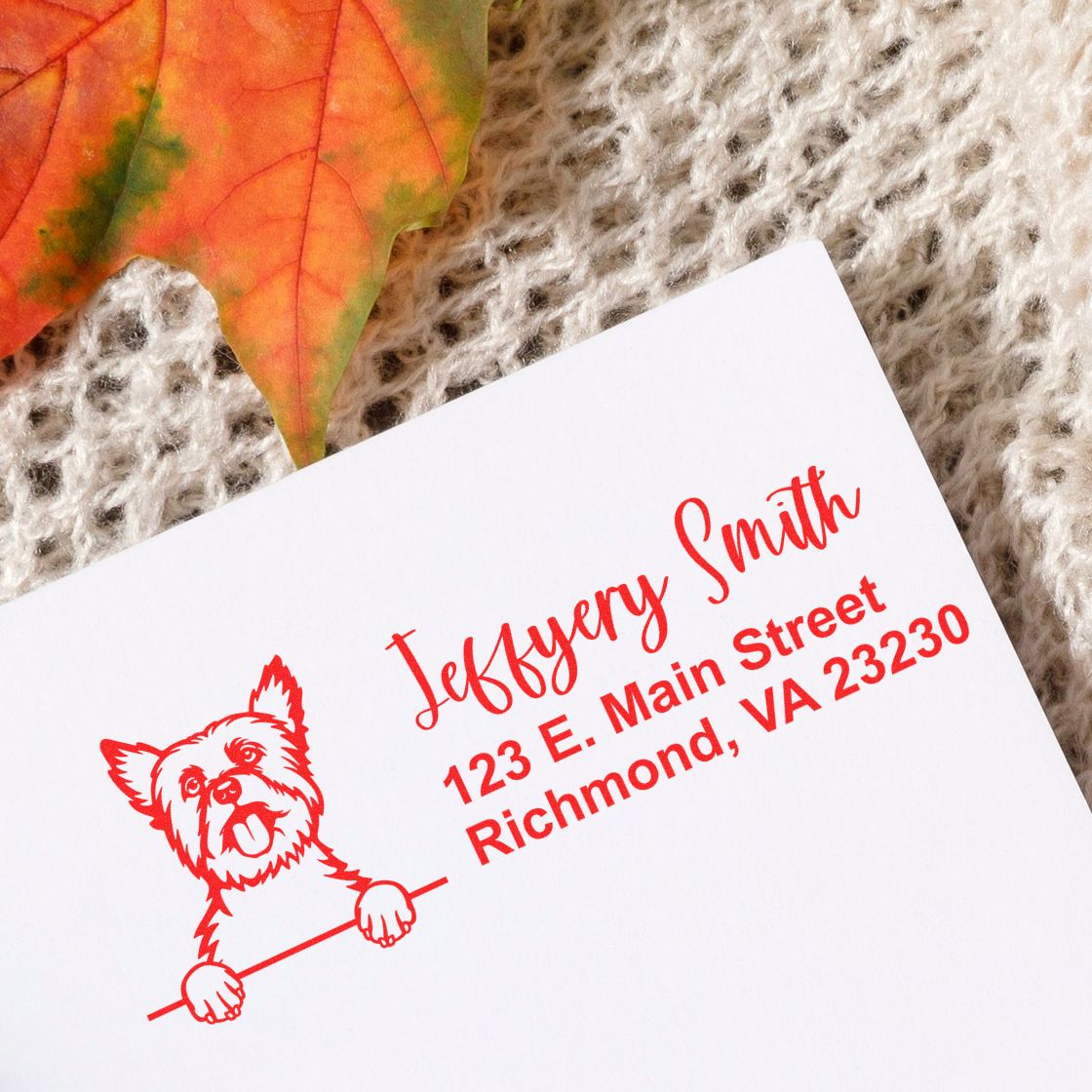 Personalized return address rubber stamp with dog design, custom name and address for envelopes, mailings, and stationery.