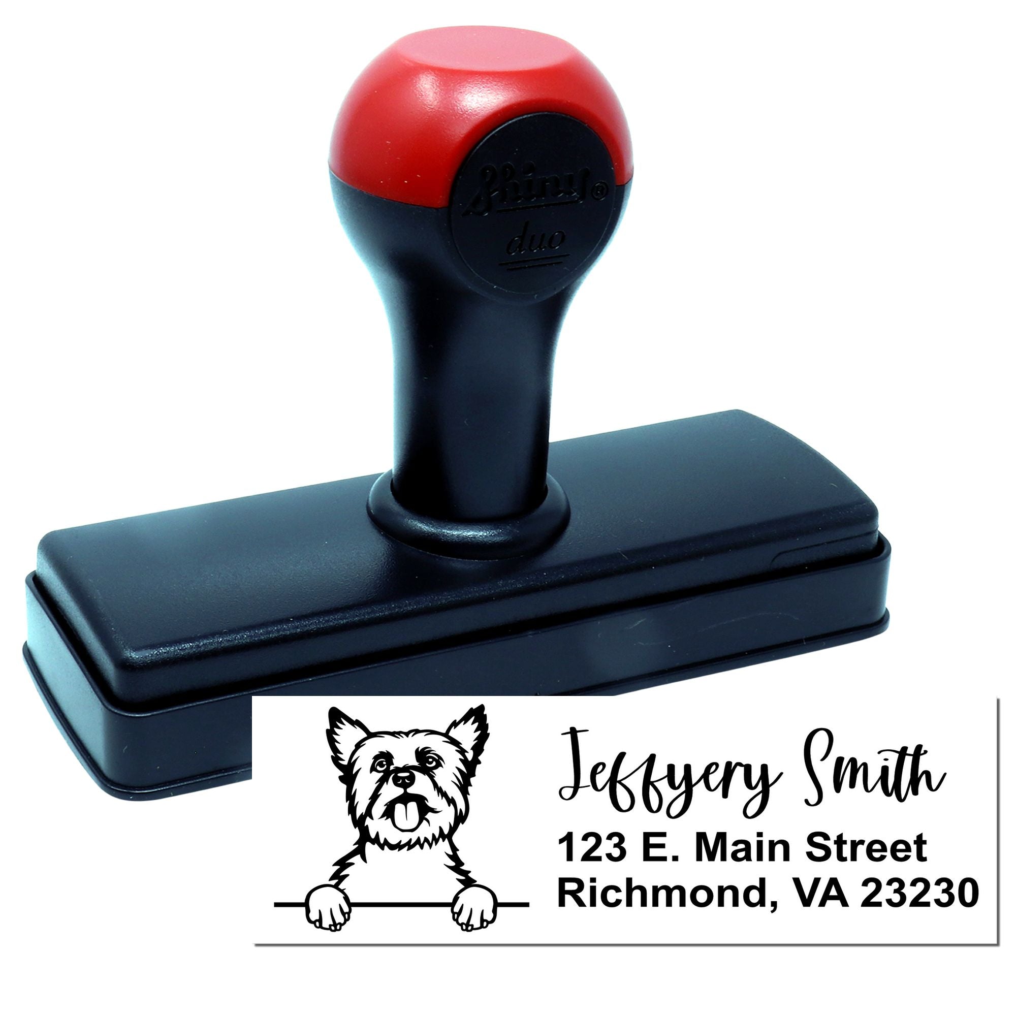 Custom self-inking rubber address stamp with dog logo, personalized name and return address for mailing.