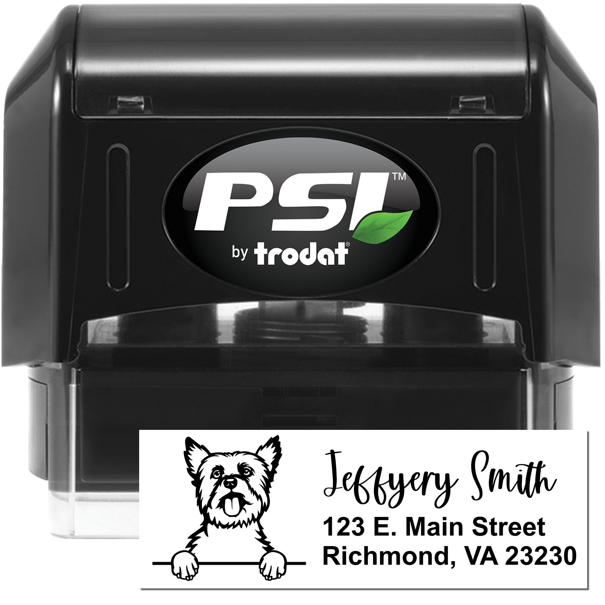 Personalized self-inking address rubber stamp with dog logo, name, and Richmond VA return address by PSI Trodat