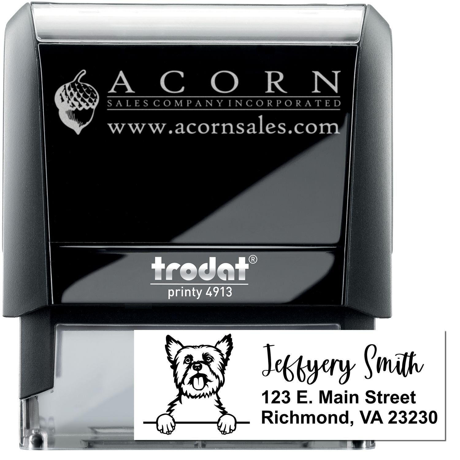 Custom self-inking rubber stamp with business logo and address, Trodat Printy 4913 for personalized branding.
