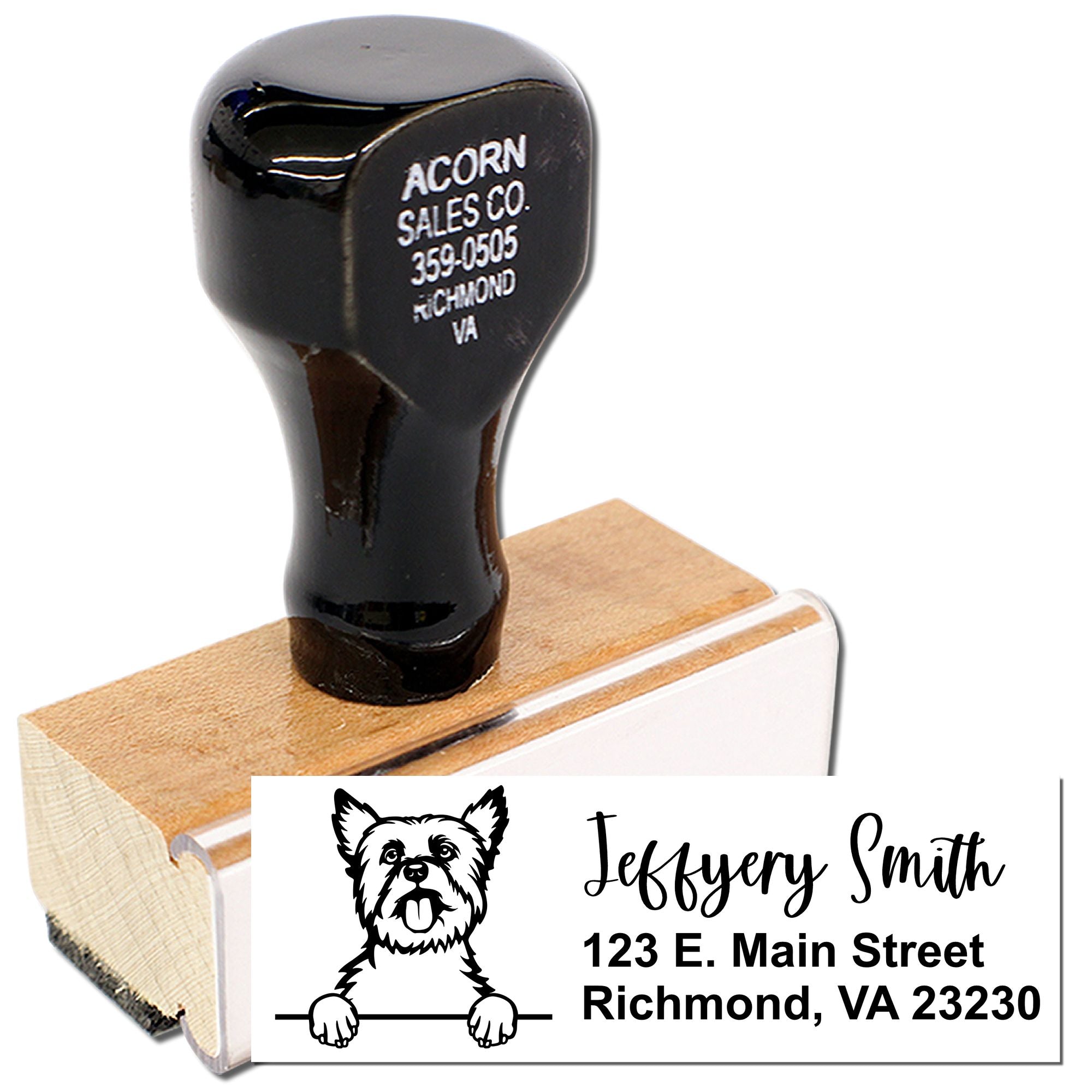 Personalized rubber return address stamp with dog logo, name, and Richmond, VA business imprint