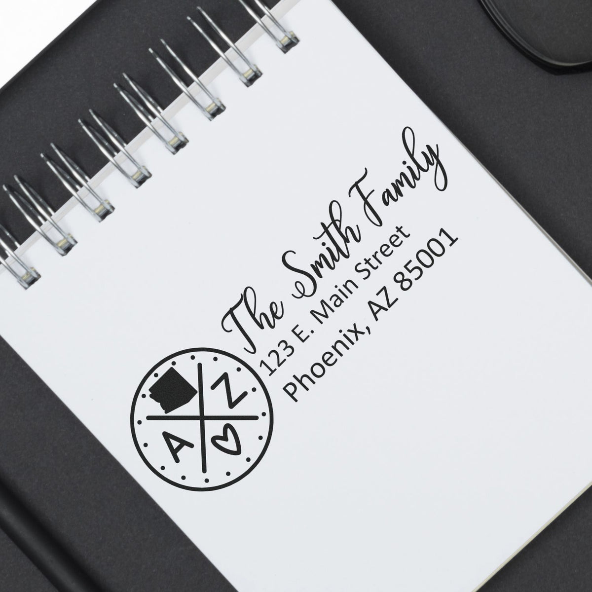 Custom family return address rubber stamp for The Smith Family, featuring name, address, and Phoenix, AZ.