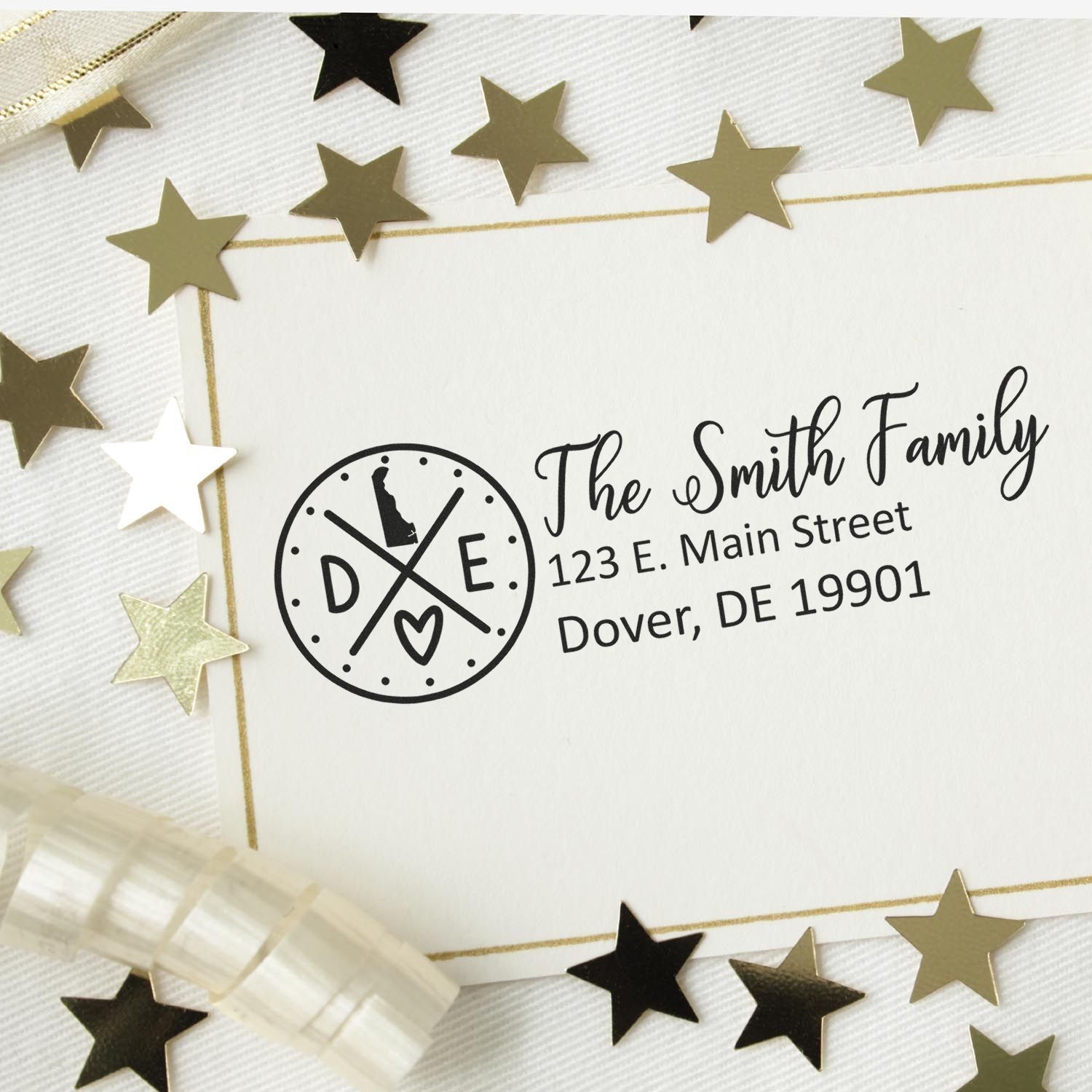 Personalized family return address rubber stamp with name and address for wedding invitations or stationery