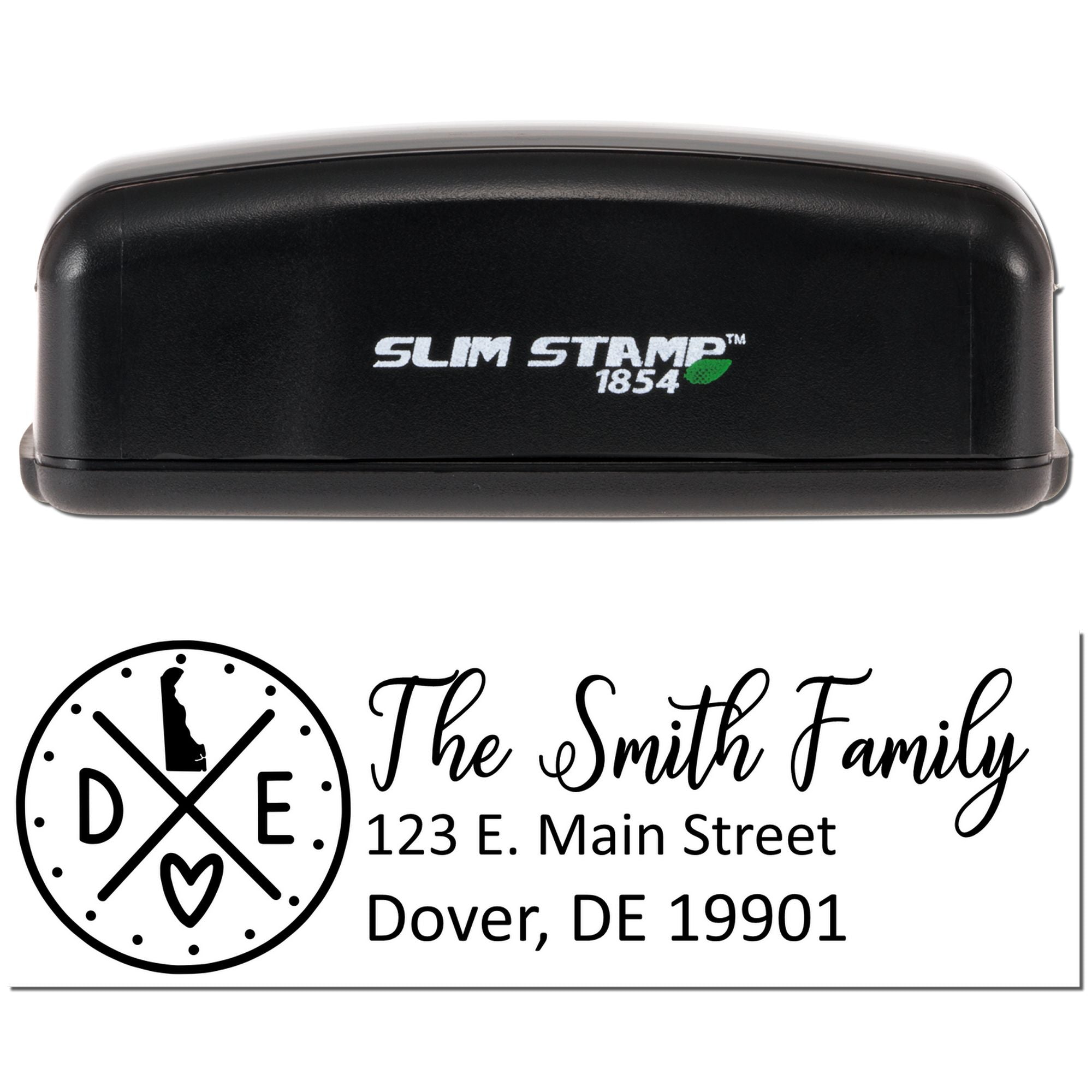 Custom self-inking return address rubber stamp for The Smith Family, Dover, DE, with monogram logo and Slim Stamp 1854 case.