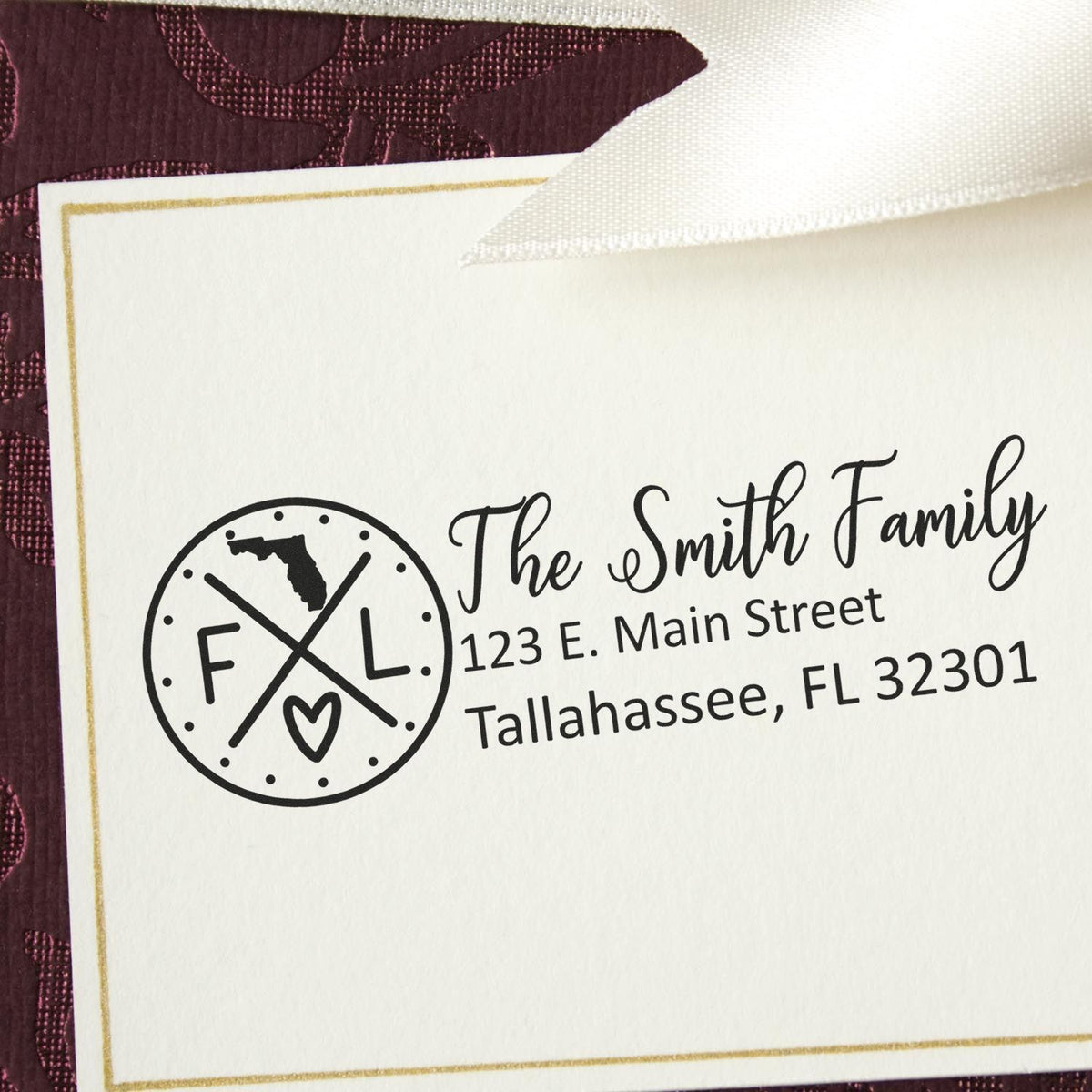 Custom family return address rubber stamp with Florida monogram for personalized envelopes, wedding invites, and stationery.