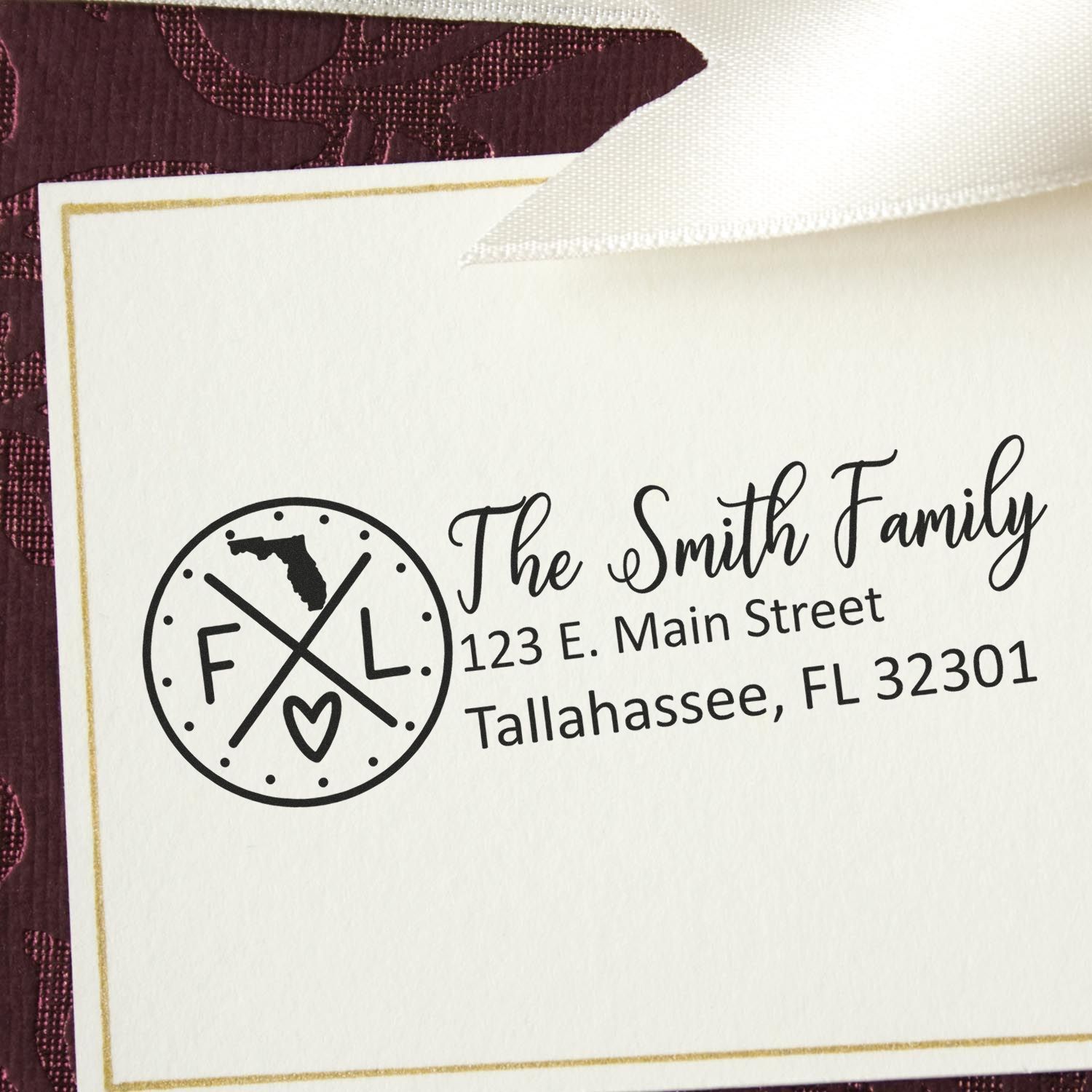 Custom family address rubber stamp with Florida monogram and return address for personalized wedding or holiday stationery.