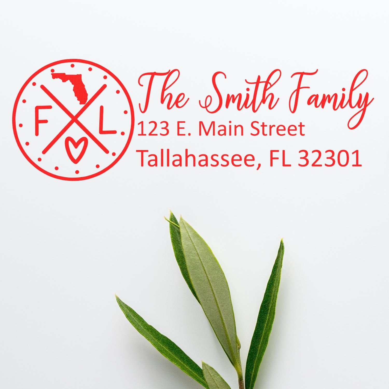 Personalized family return address rubber stamp with Florida monogram, The Smith Family, Tallahassee, FL 32301