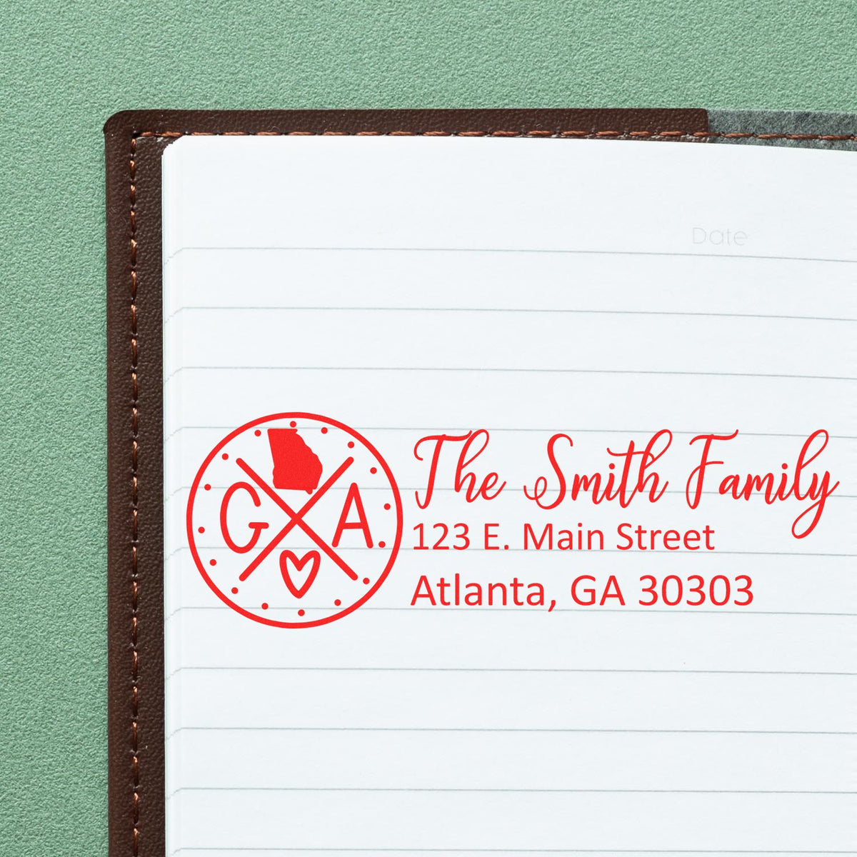Custom return address rubber stamp for The Smith Family with Georgia monogram, Atlanta, GA address.