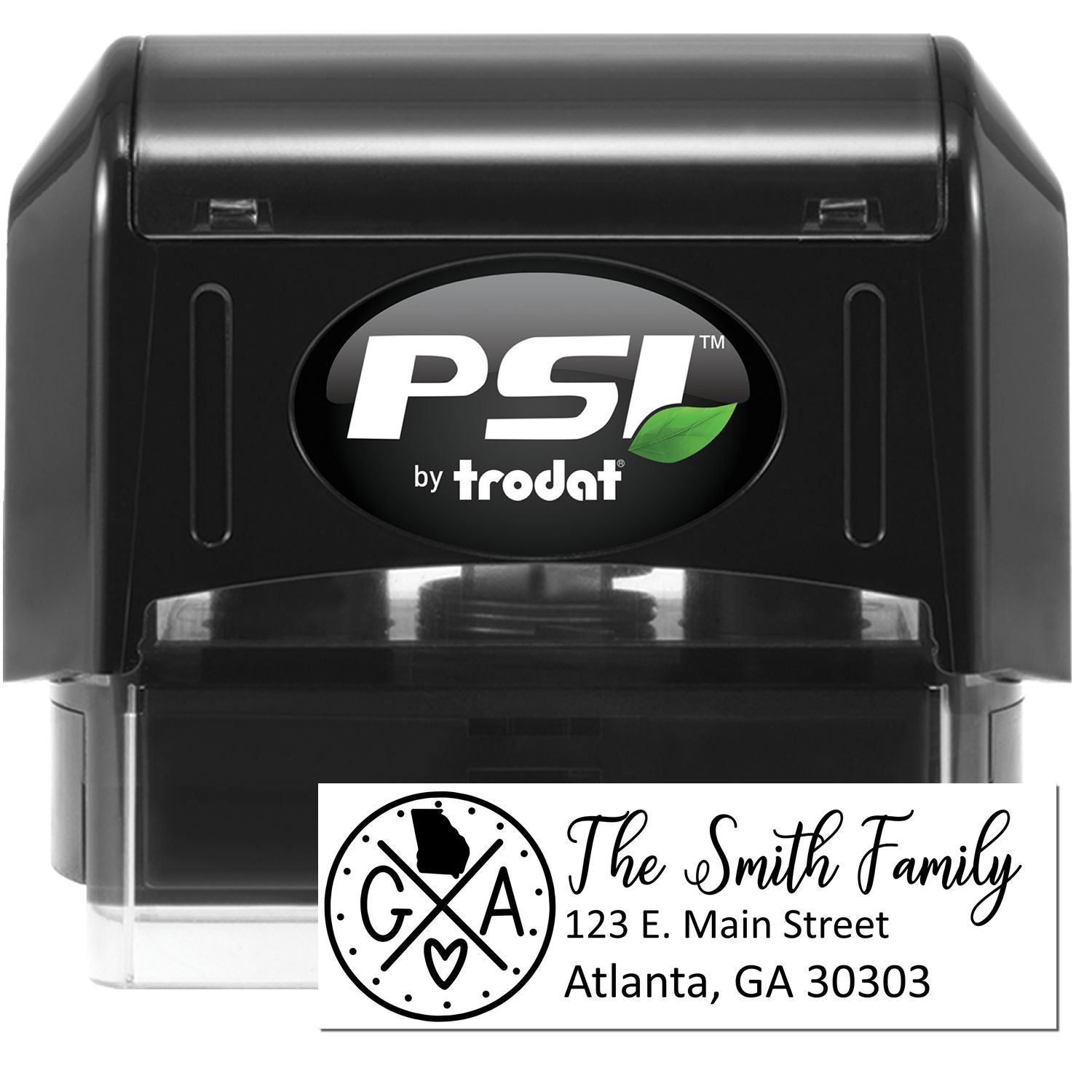 Custom self-inking return address rubber stamp by PSI/Trodat, personalized with family name and mailing address for envelopes.