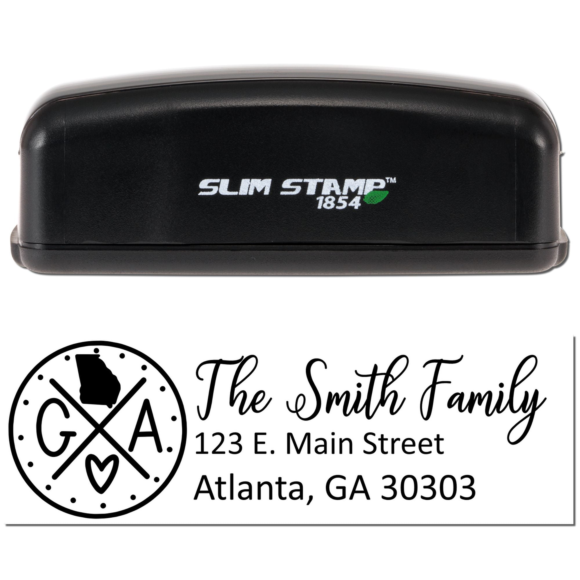 Slim Stamp 1854 custom rubber stamp with Georgia family monogram and return address for personalized mailing.