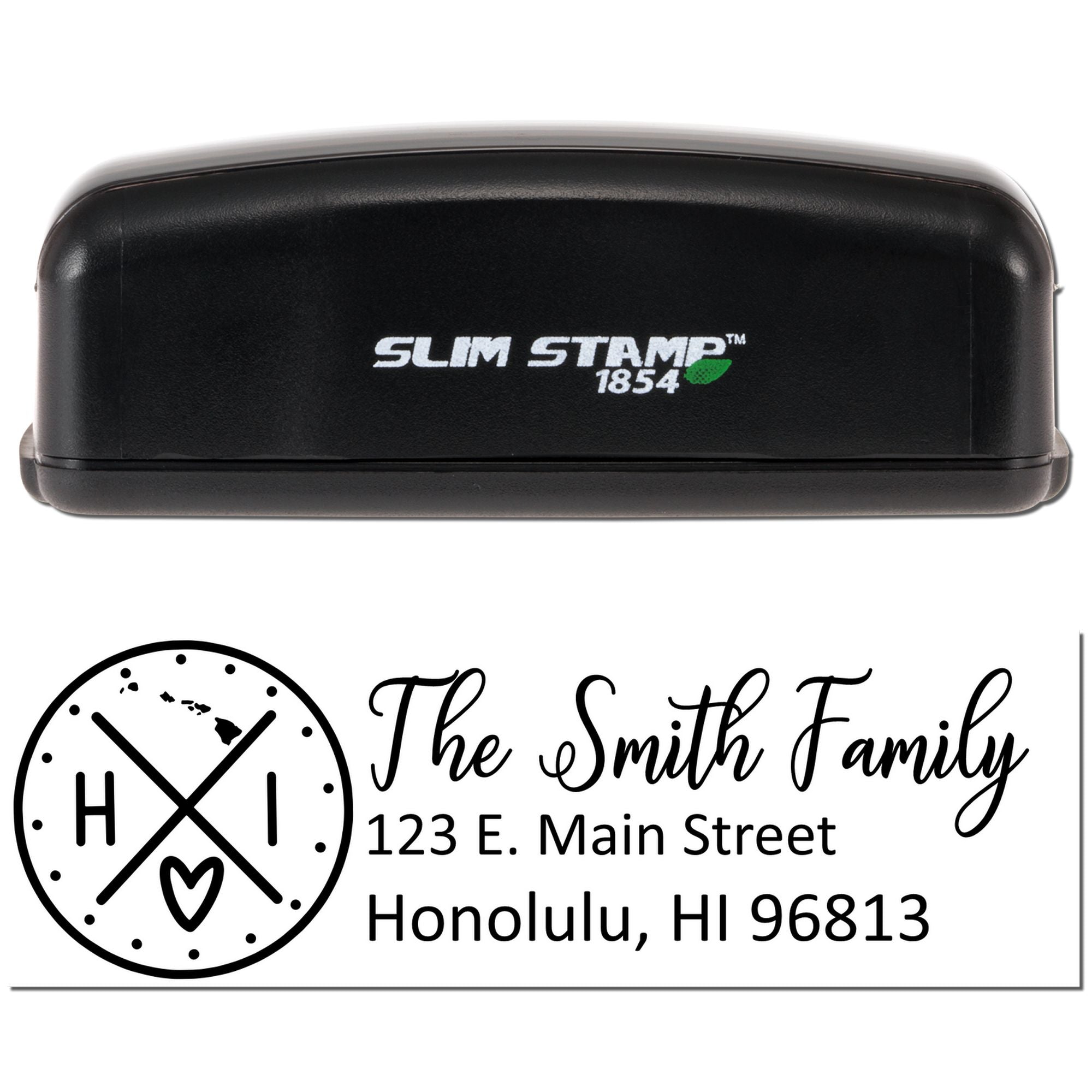 Slim Stamp 1854 self-inking rubber stamp with custom Smith Family address design, Honolulu, HI 96813.
