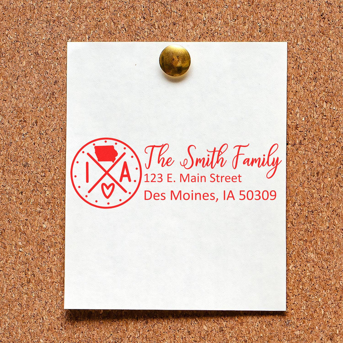 Custom return address rubber stamp for The Smith Family with Iowa monogram and personalized mailing address.