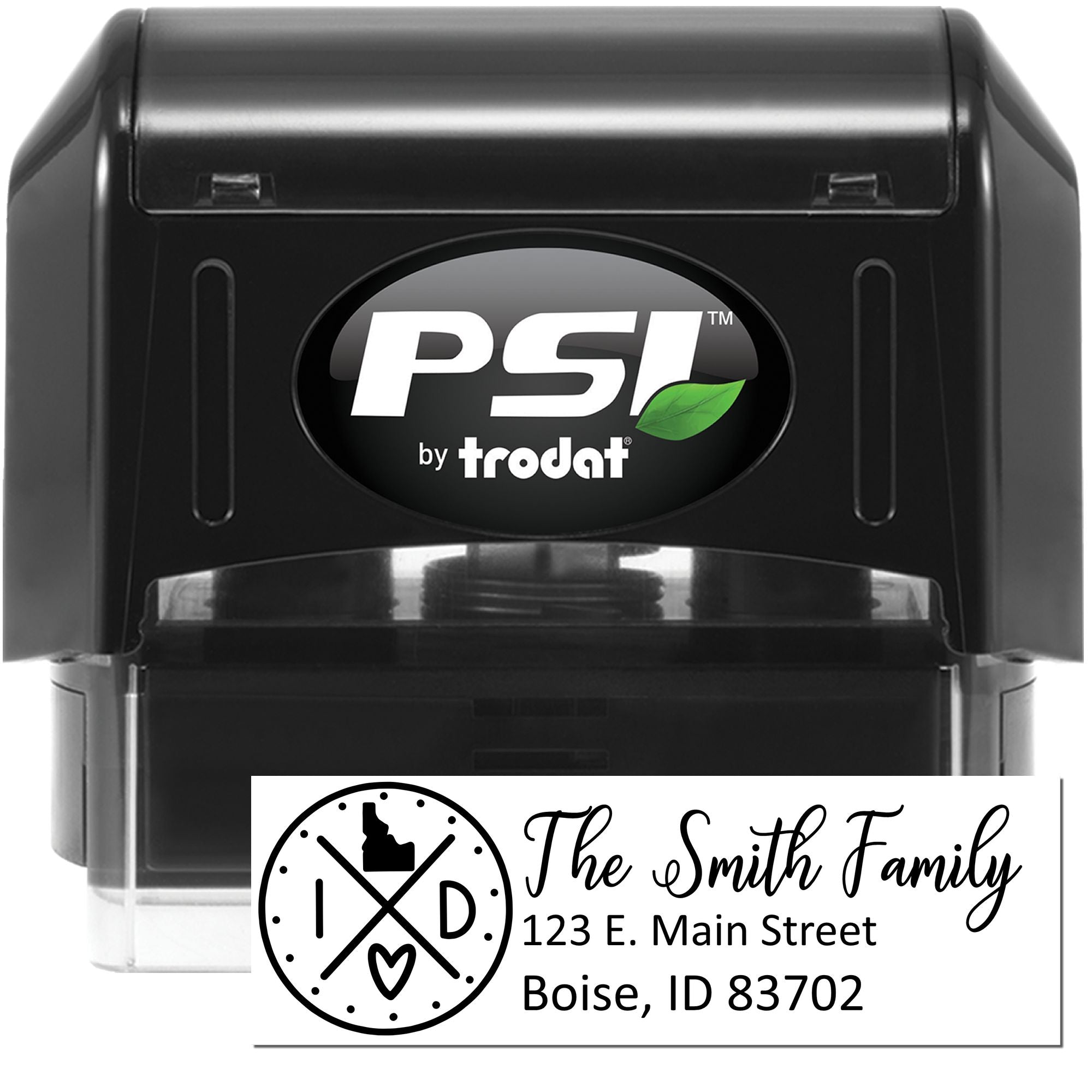 Custom self-inking PSI by Trodat return address rubber stamp with The Smith Family, Boise, ID design.