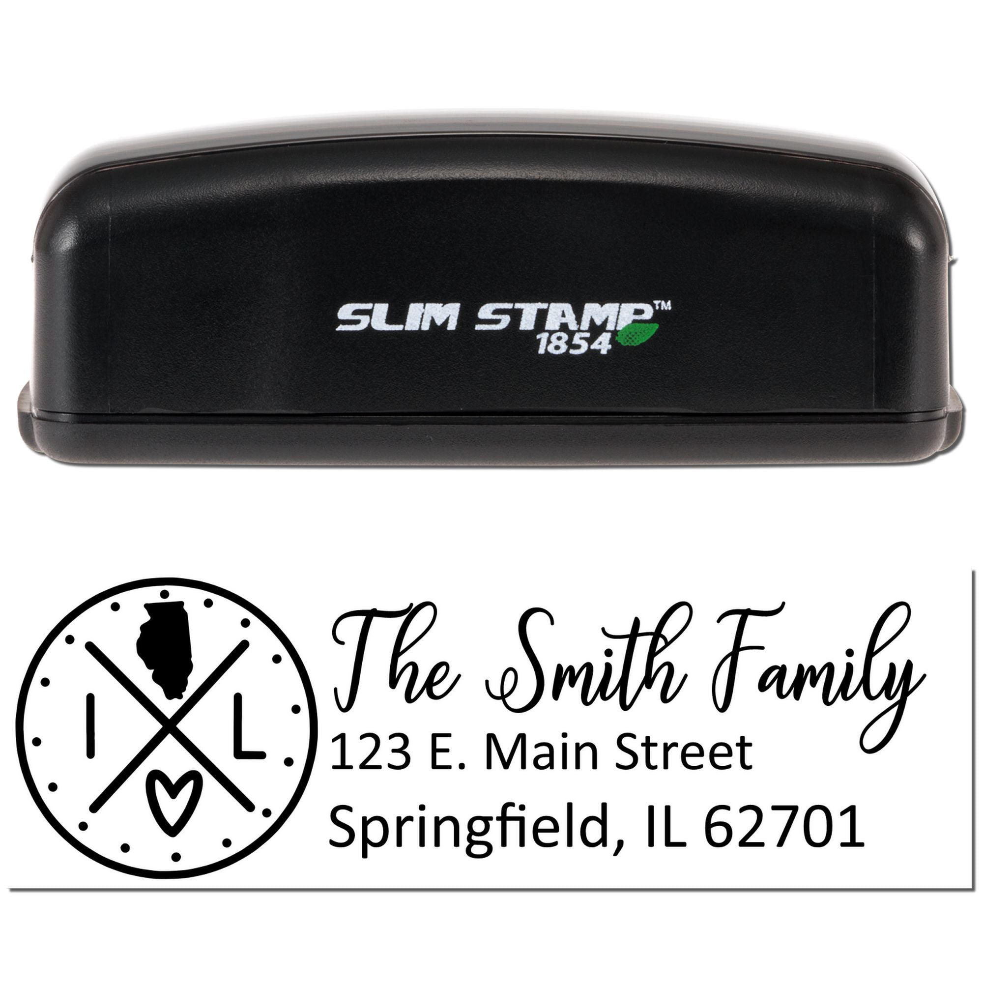 Slim Stamp 1854 custom return address rubber stamp featuring family monogram, name, and Springfield, IL address