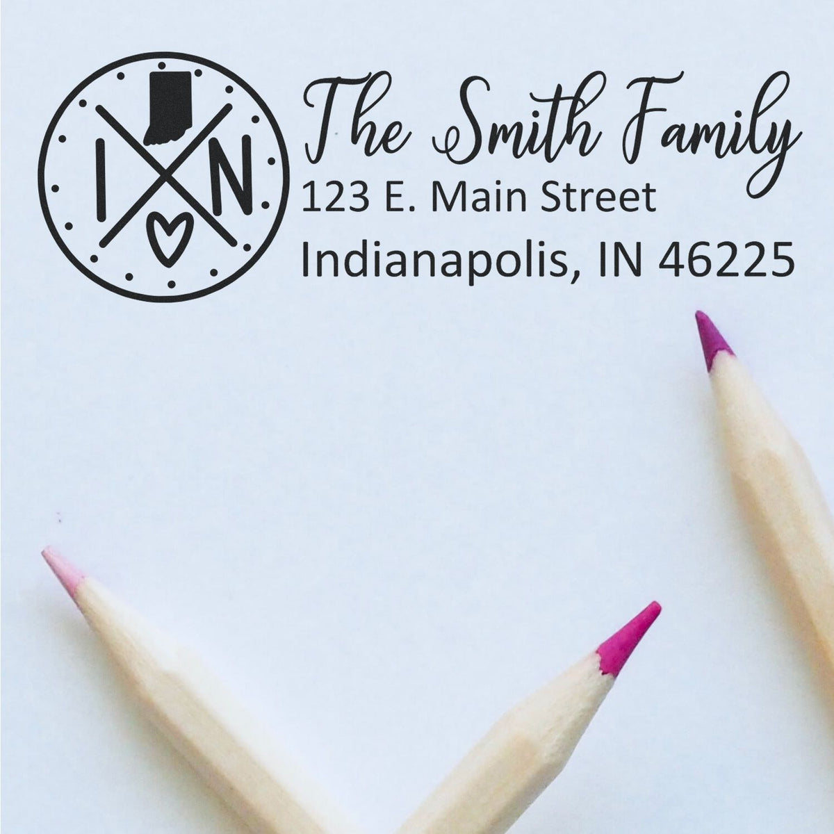 Custom family return address rubber stamp with Indiana monogram logo, The Smith Family, Indianapolis, IN 46225.