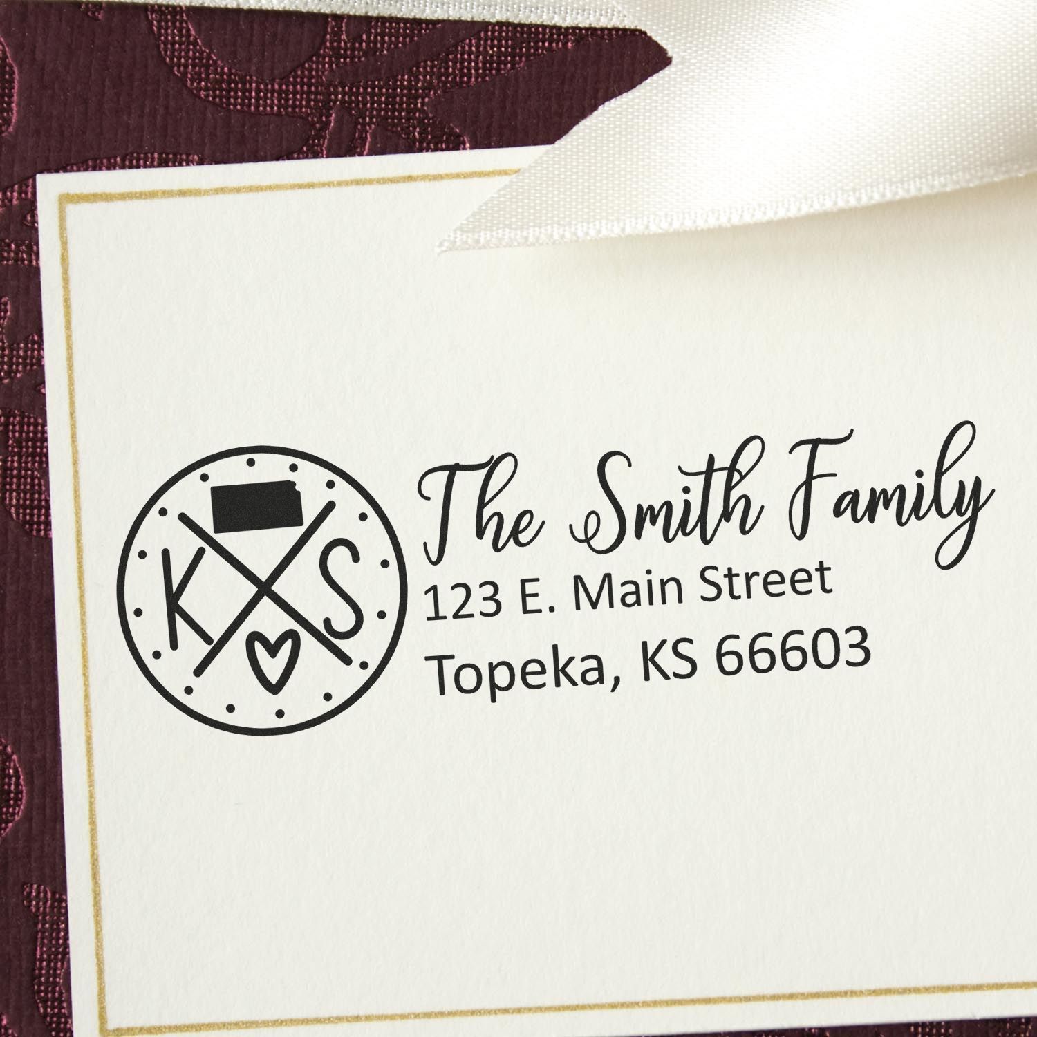 Custom family return address rubber stamp with monogram for envelopes, wedding invitations, and mailing.