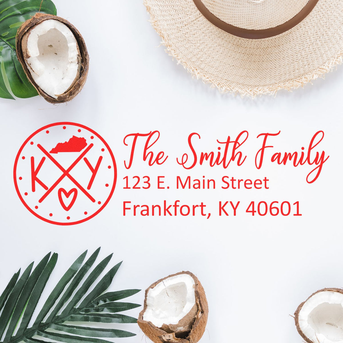 Custom rubber address stamp for The Smith Family with monogram logo and return address in Frankfort, KY.