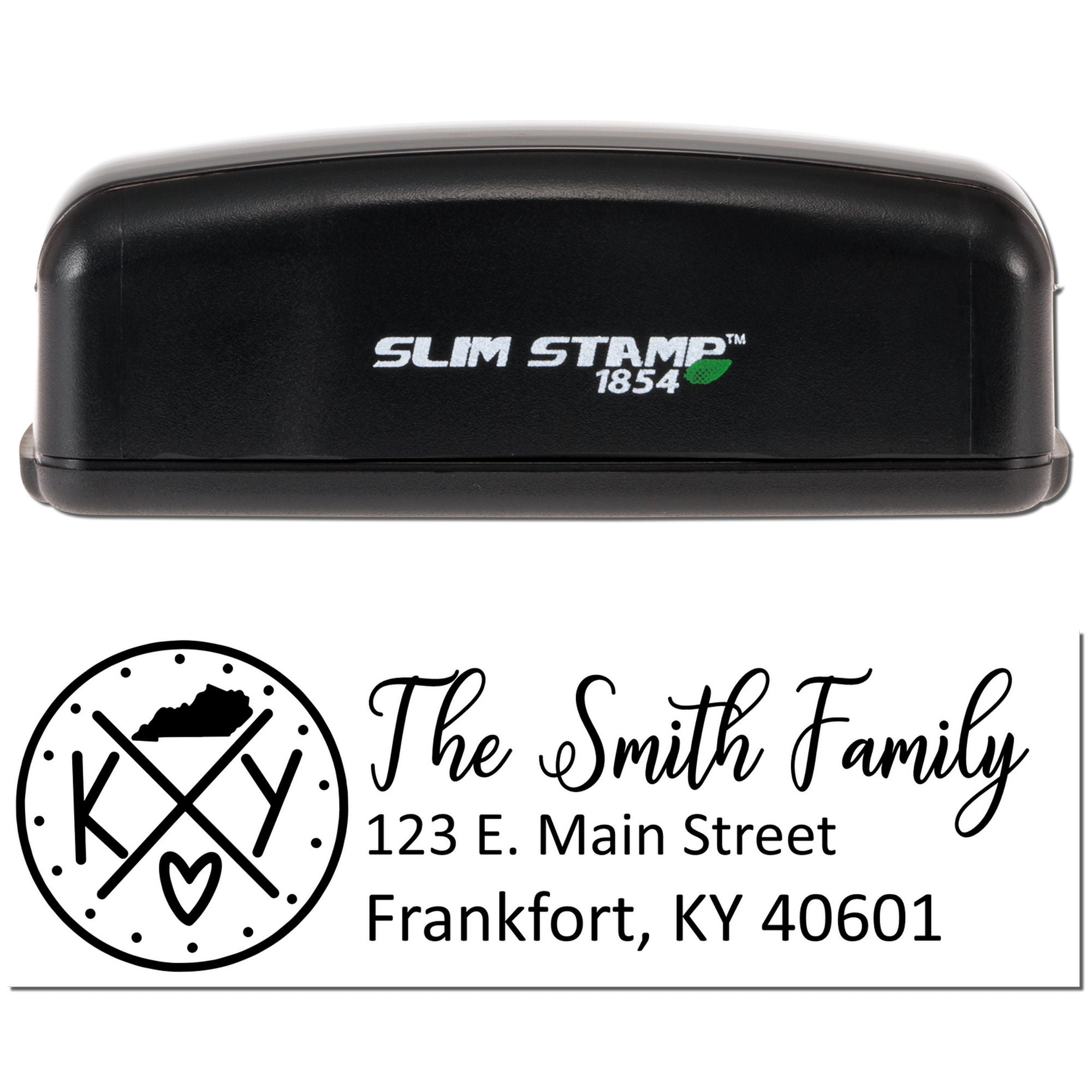 Slim Stamp 1854 self-inking custom rubber stamp with family monogram and return address.