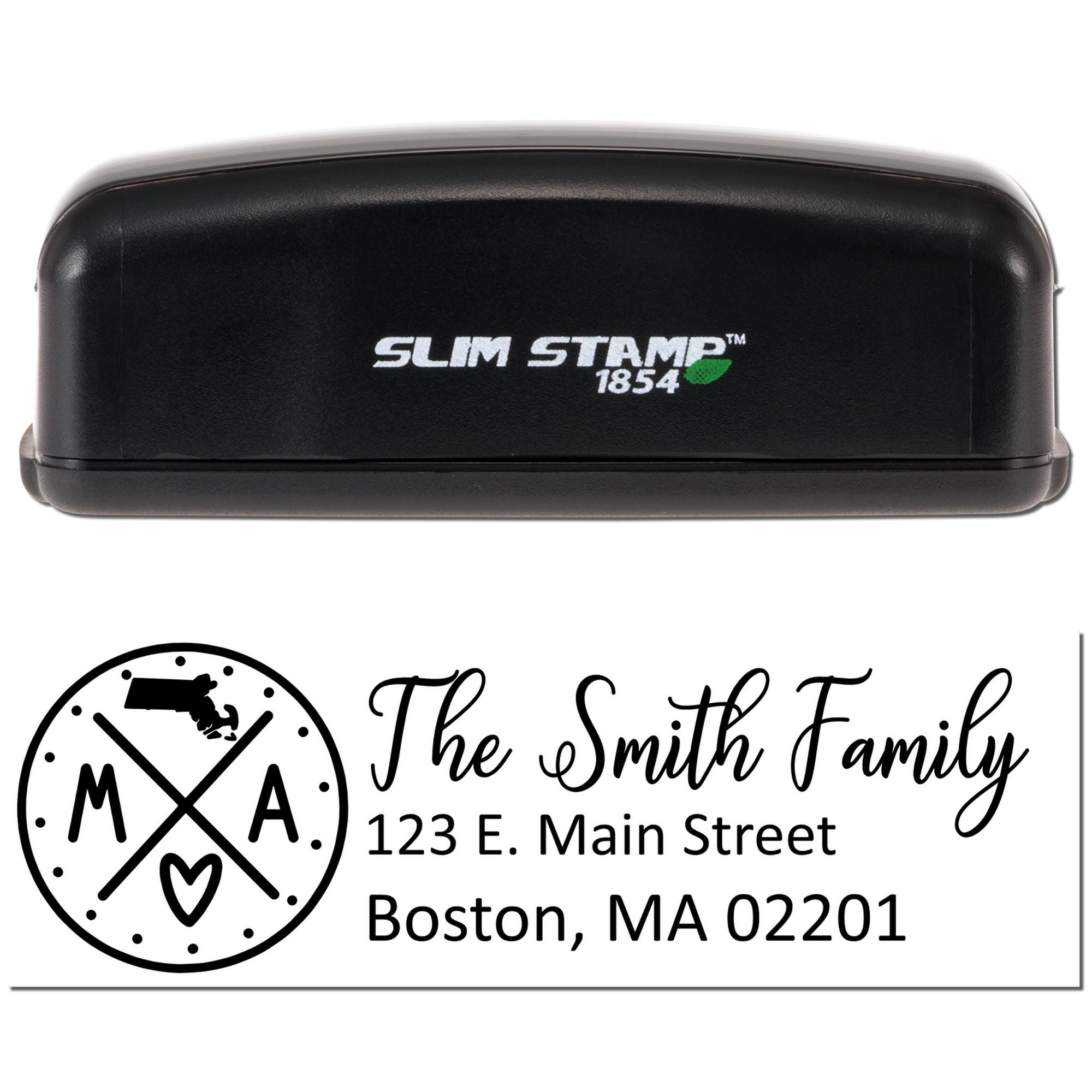 Personalized rubber stamp, Slim Stamp 1854, featuring The Smith Family return address design for Boston, MA envelopes.