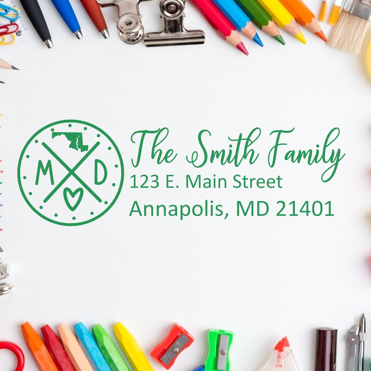 Custom return address rubber stamp for The Smith Family, Annapolis, MD 21401, with monogram logo and household stationery.