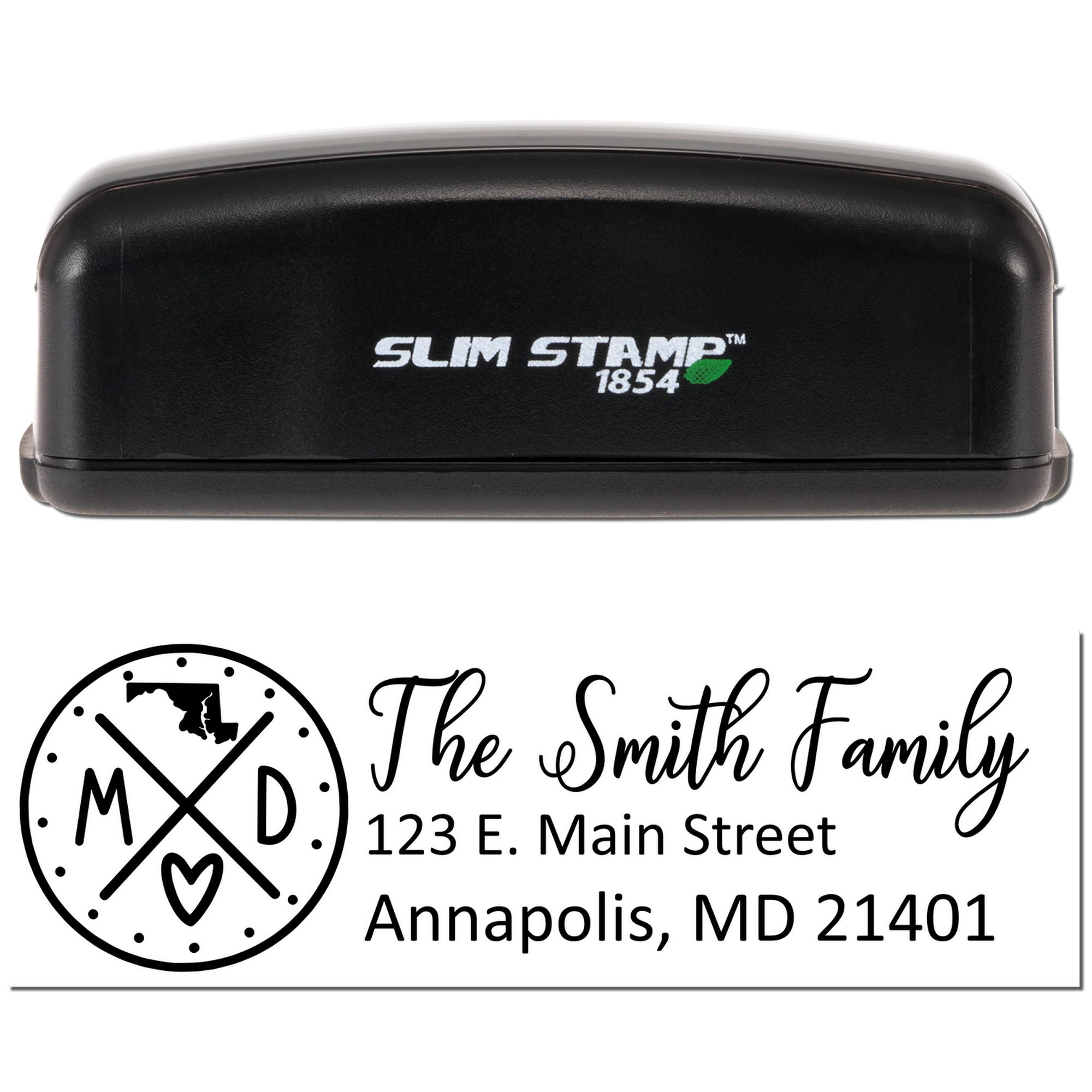 Custom family address rubber stamp by Slim Stamp 1854 with monogram logo and return address preview