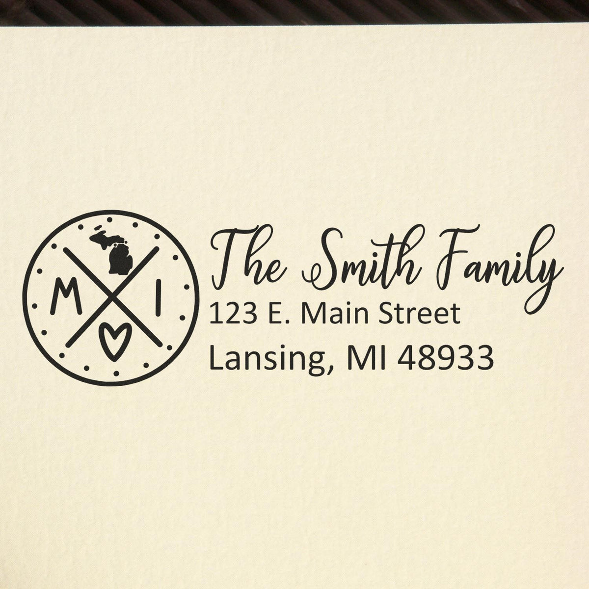 Personalized family return address rubber stamp with monogram logo, The Smith Family, Lansing, MI 48933
