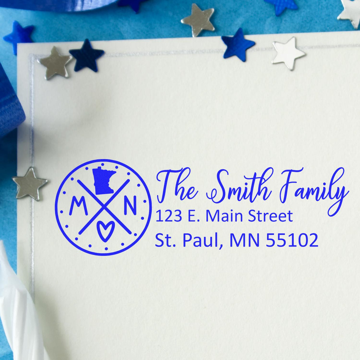 Custom return address rubber stamp with Minnesota family monogram, The Smith Family, St. Paul, MN 55102.