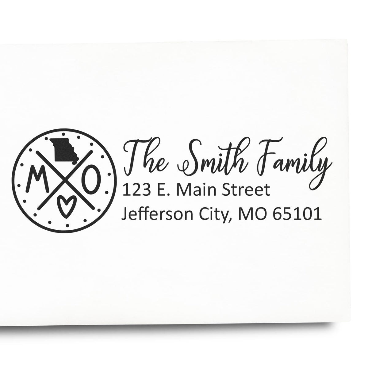 Custom return address rubber stamp with Missouri monogram and The Smith Family name for personalized mailing labels.